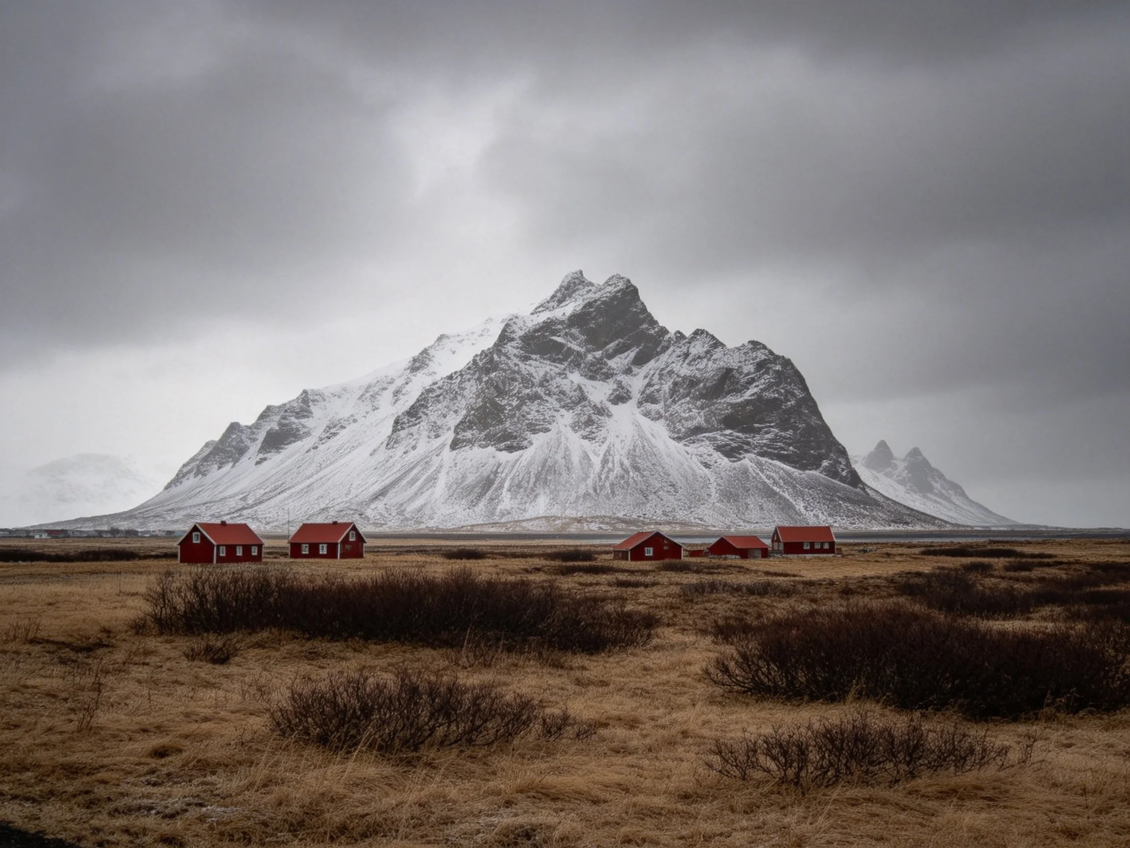 Snow - capped mountain with red cabins under overcast sky