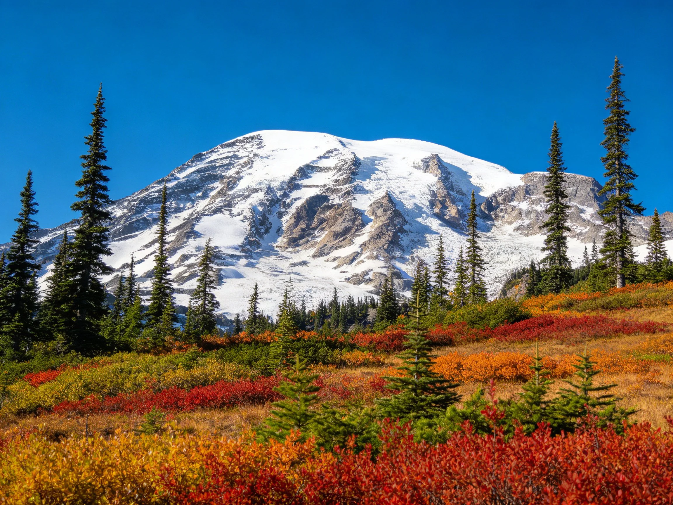 Snow-capped mountain with vibrant autumn forest below