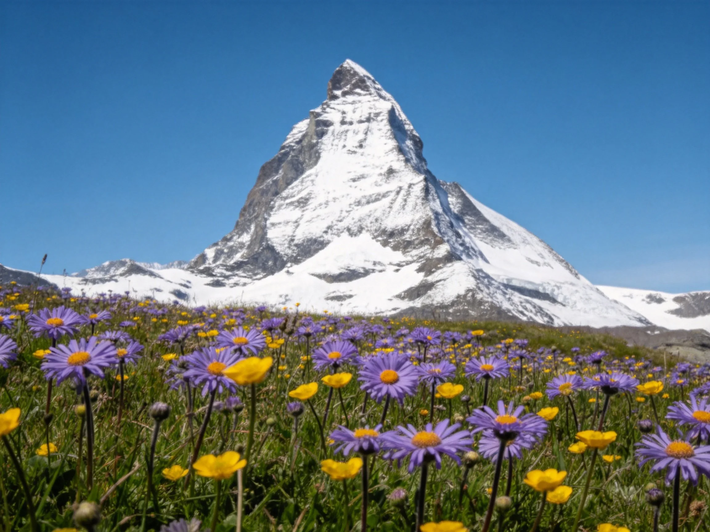 Snow-capped mountain with vibrant purple and yellow wildflowers