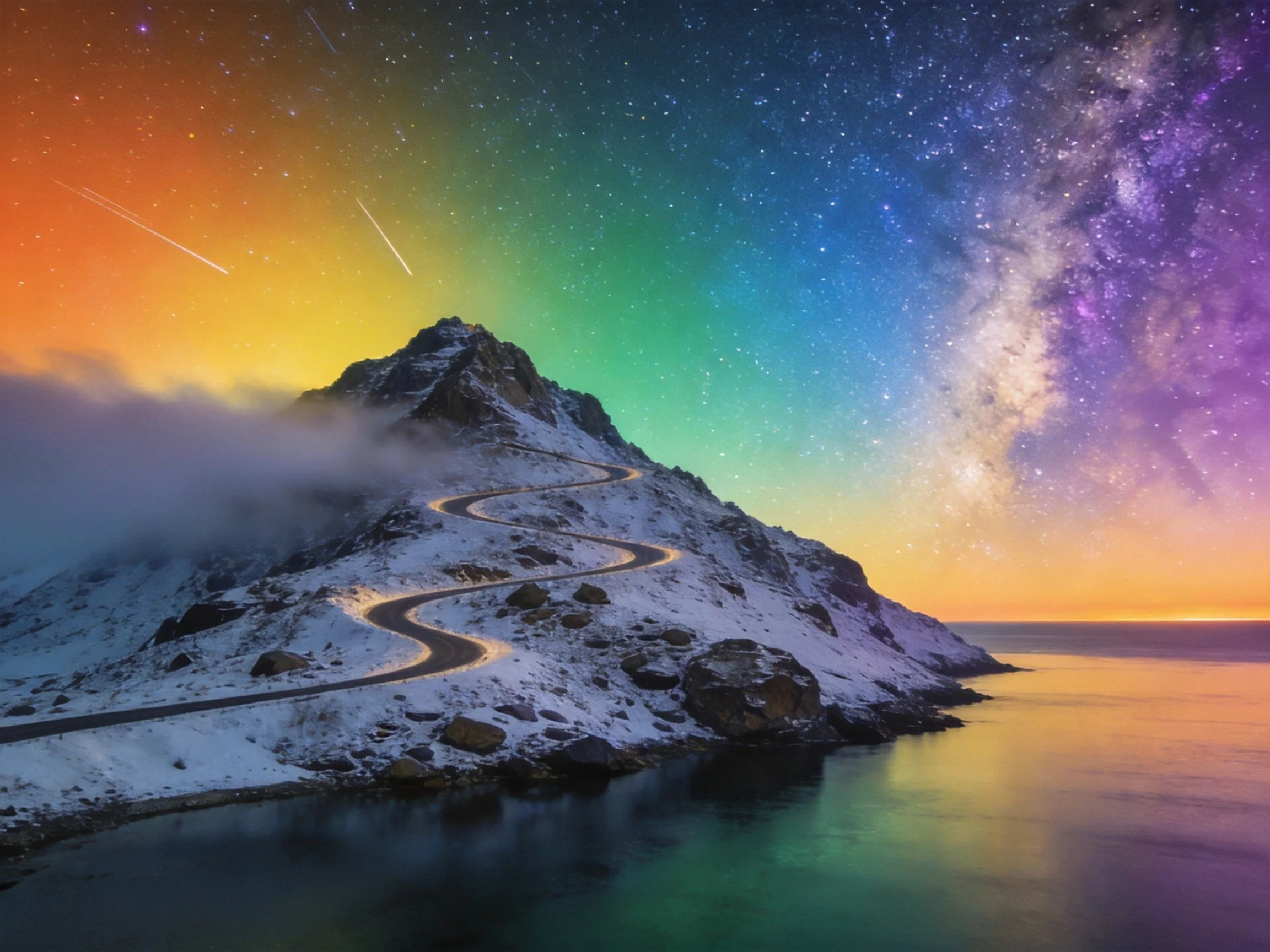 Snow - capped mountain with winding road under aurora - lit multicolor sky