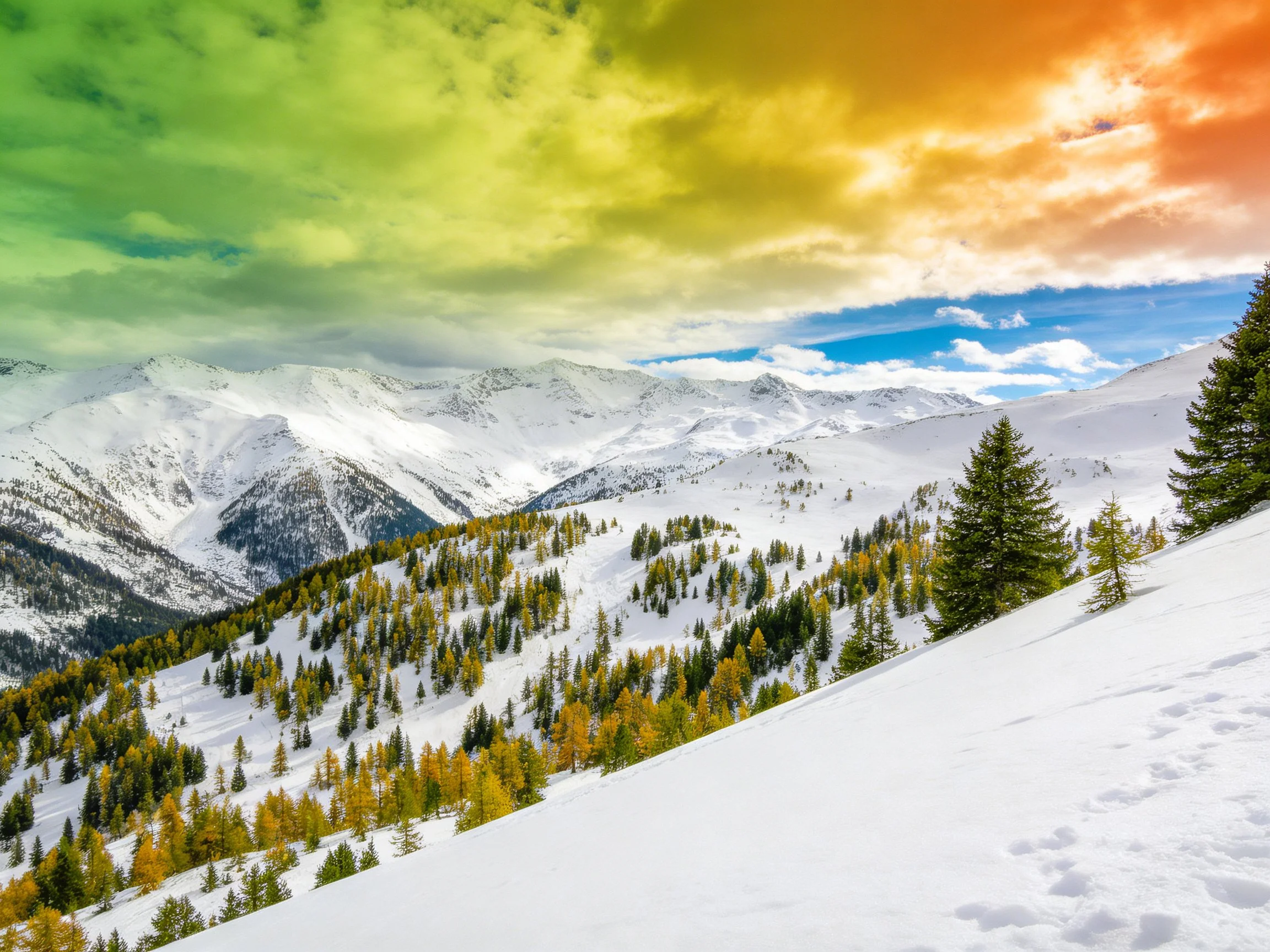 Snow-capped mountains, autumn trees, and a vividly colored sky