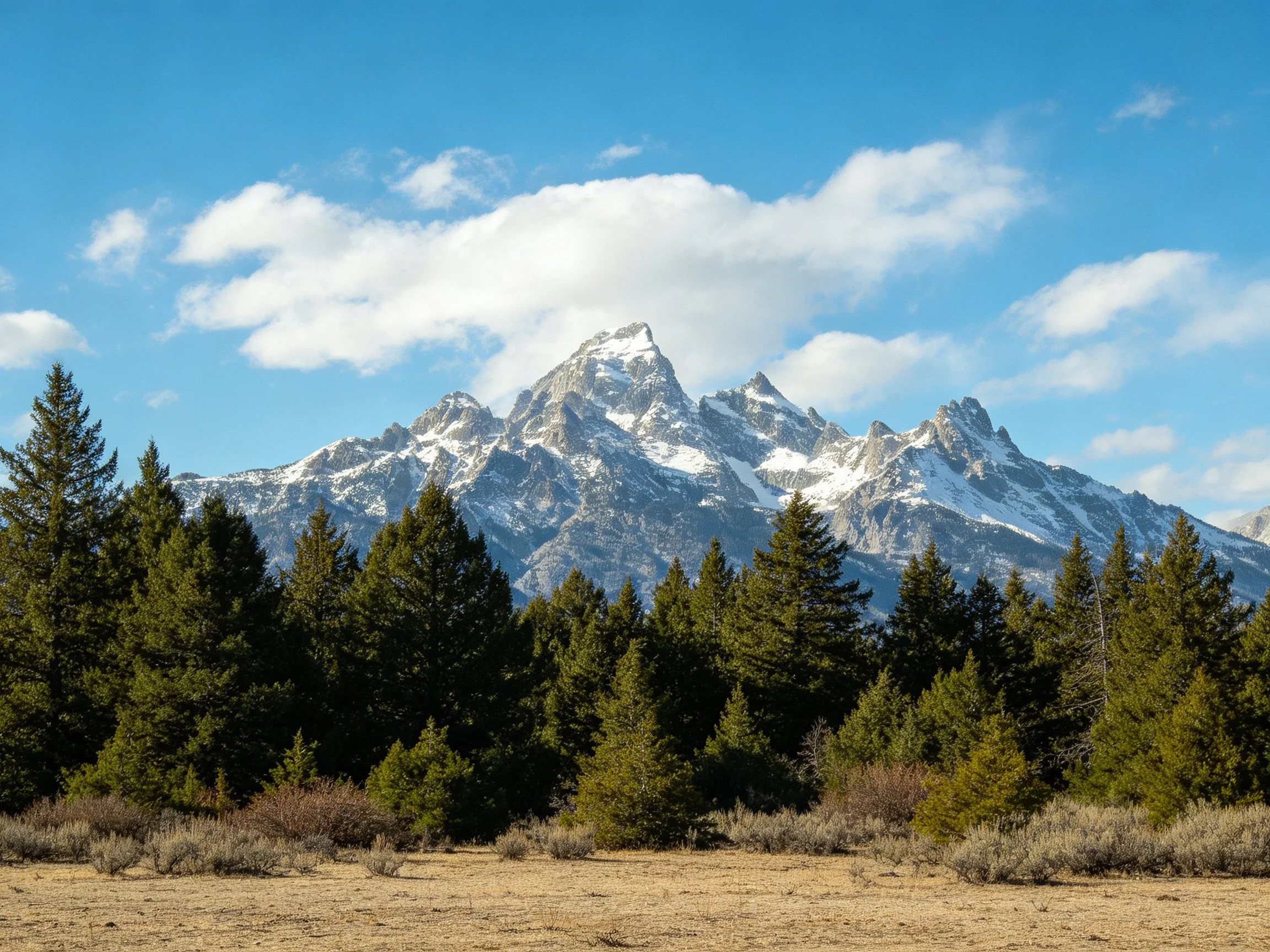 Snow-capped mountains behind evergreen forest under bright blue sky