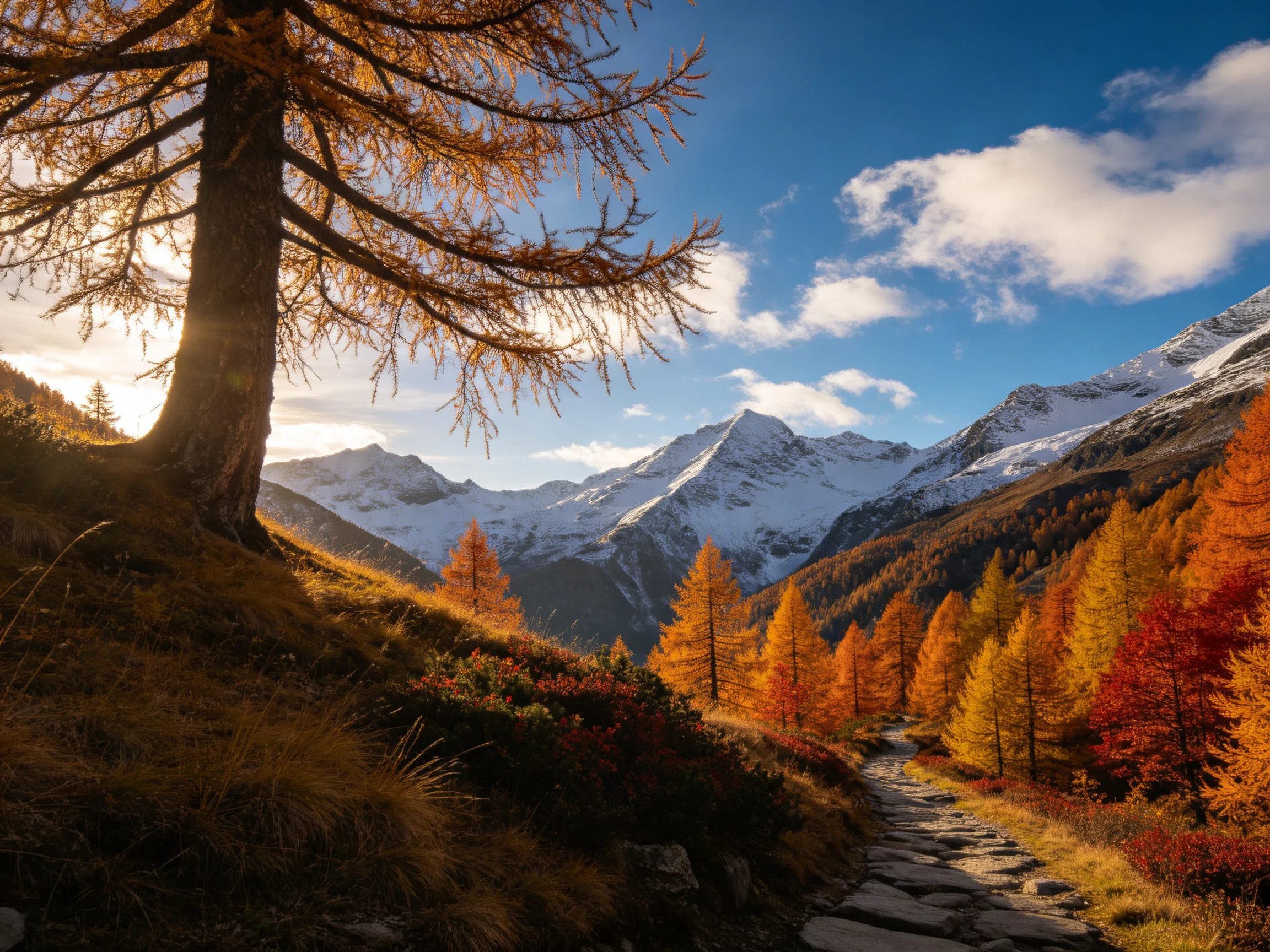 Snow-capped mountains behind vibrant autumn forest with stone path