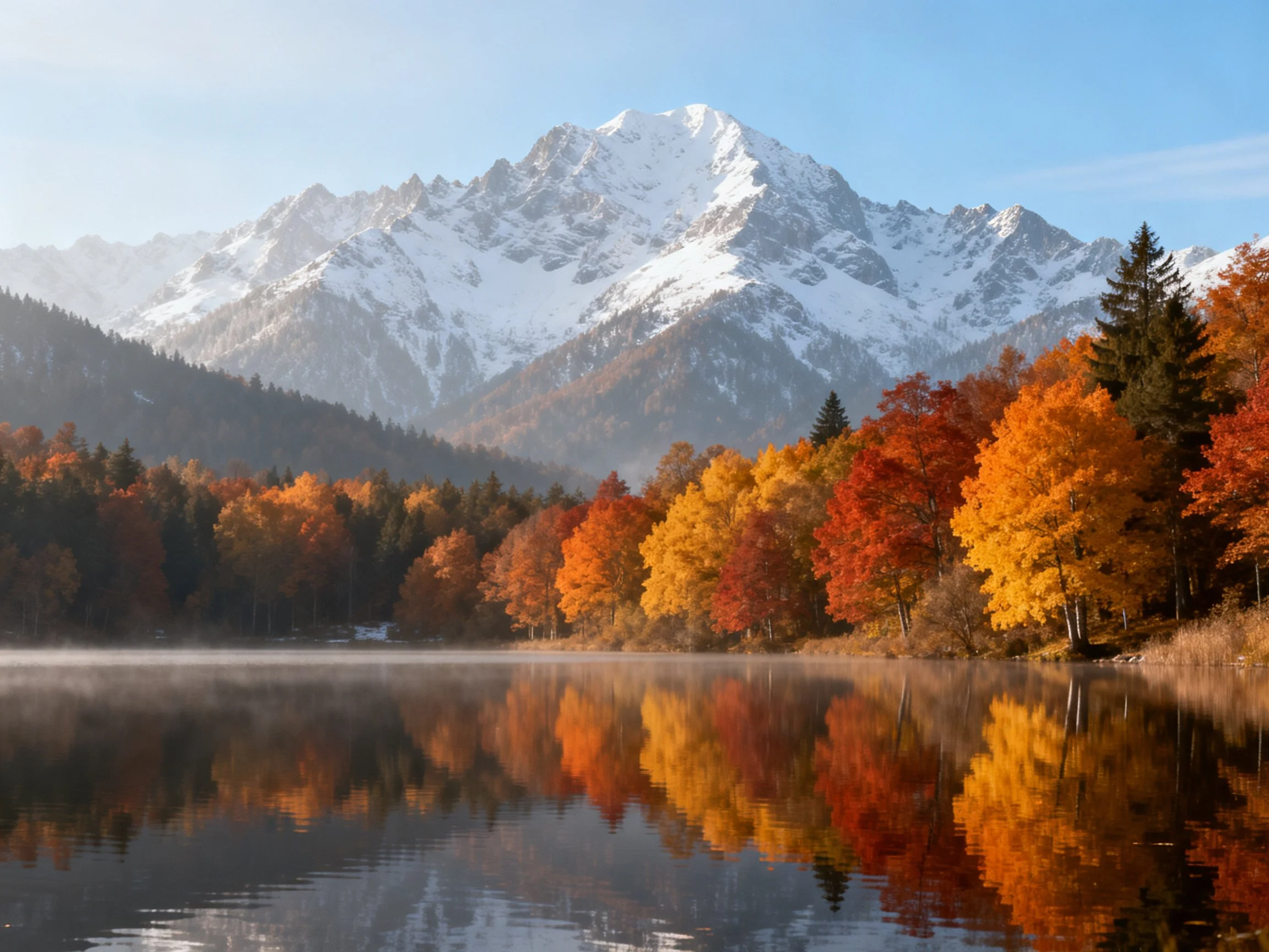 Snow - capped mountains behind vibrant fall foliage reflected in calm lake