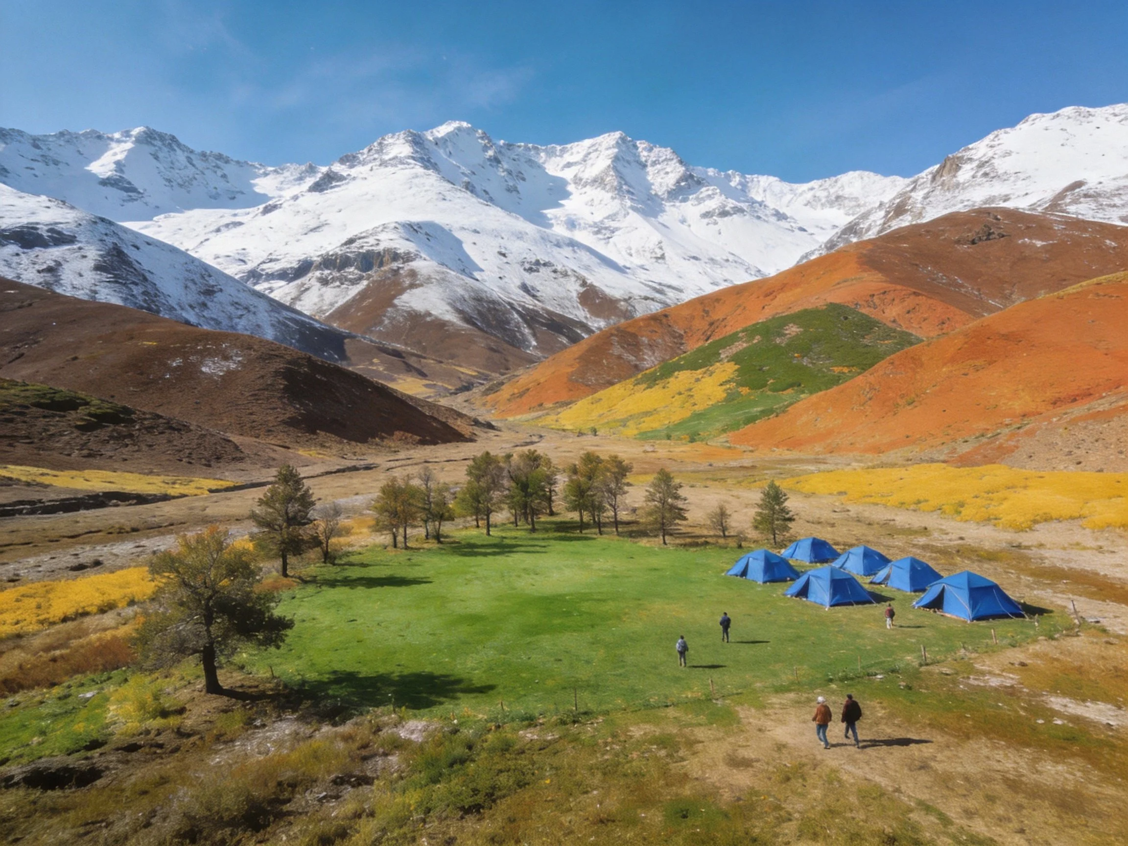 Snow - capped mountains, colorful hills, blue tents in a green meadow