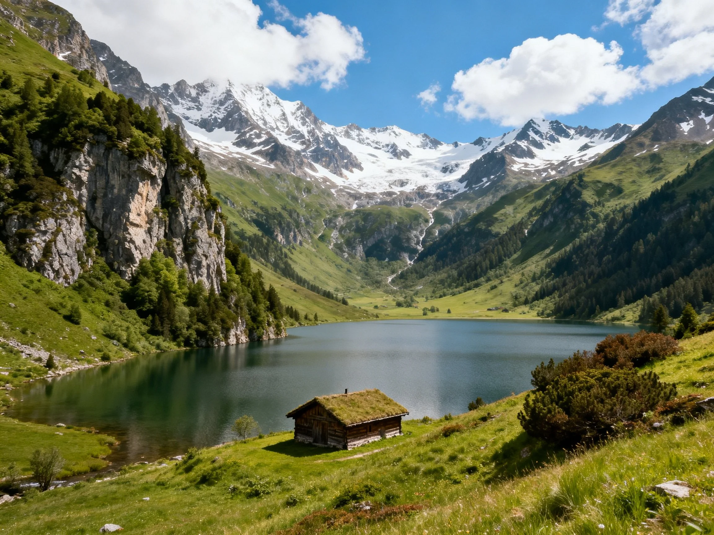 Snow-capped mountains encircle a serene alpine lake with a rustic cabin