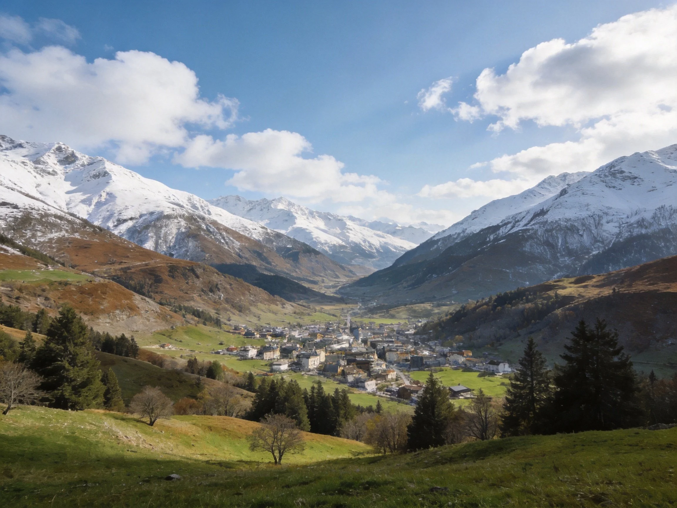 Snow - capped mountains encircle a valley town with green hills