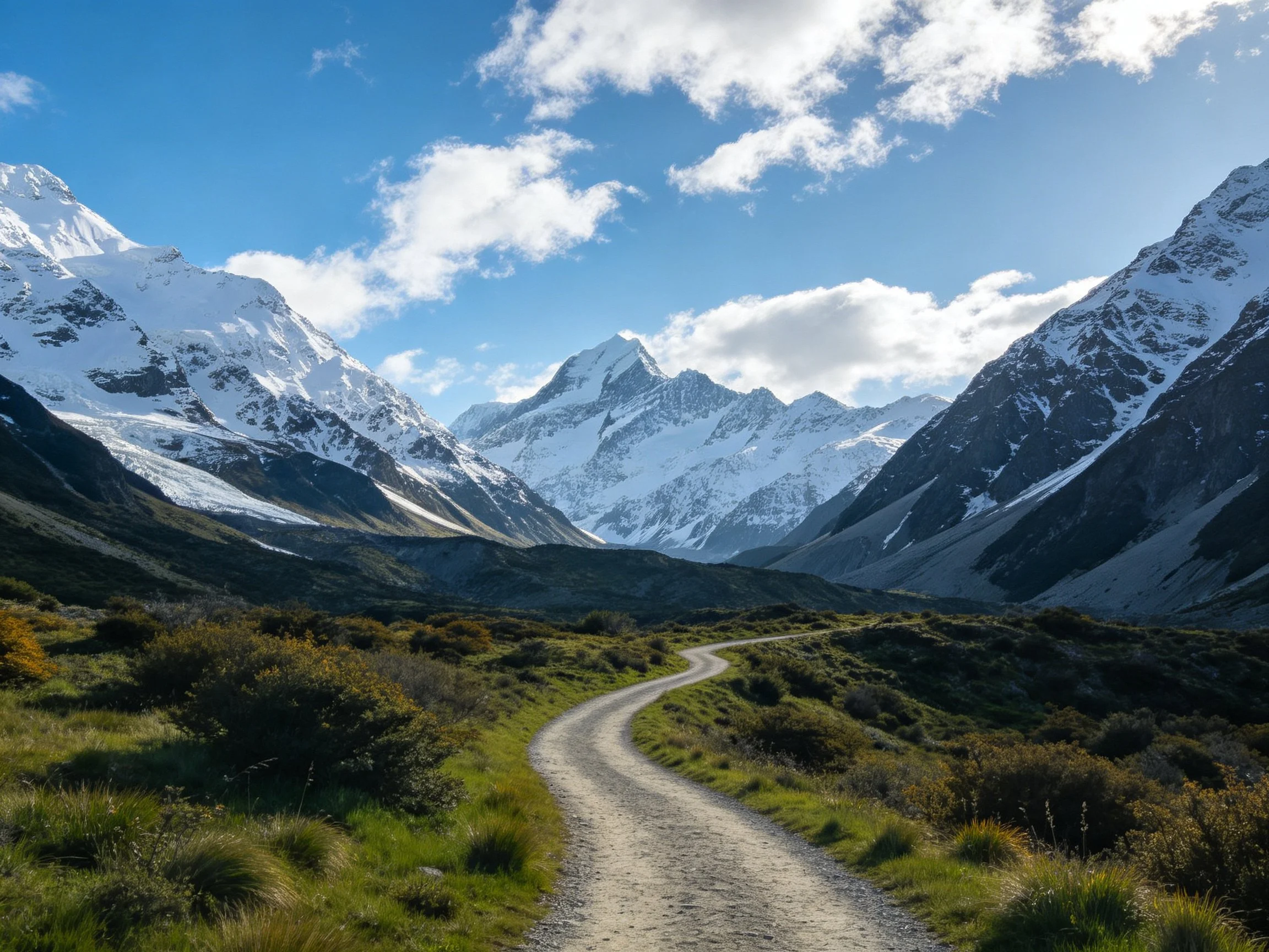 Snow-capped mountains encircle a winding dirt path amid greenery