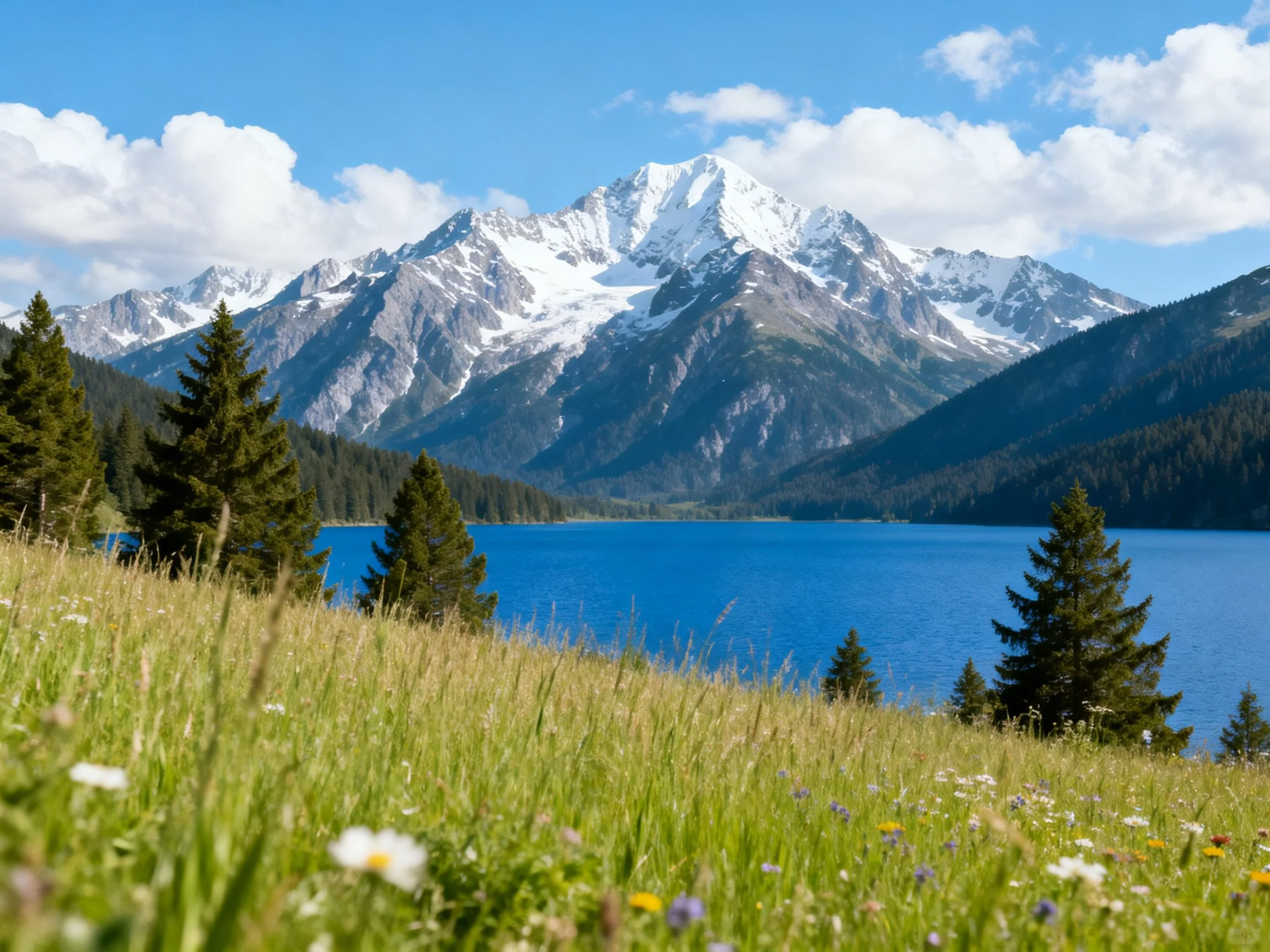 Snow-capped mountains frame a blue lake with lush green meadows