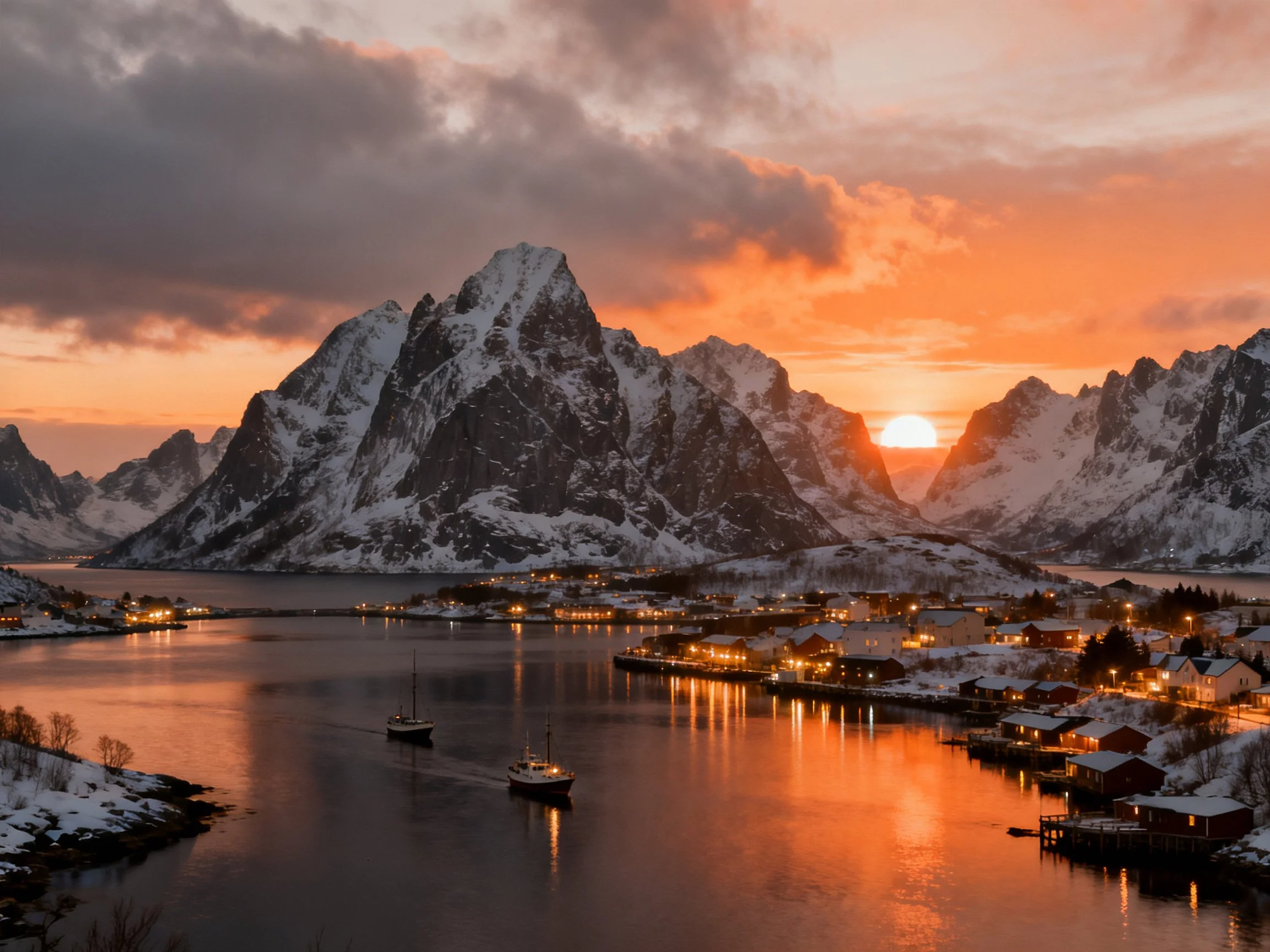 Snow-capped mountains frame a coastal village at sunset