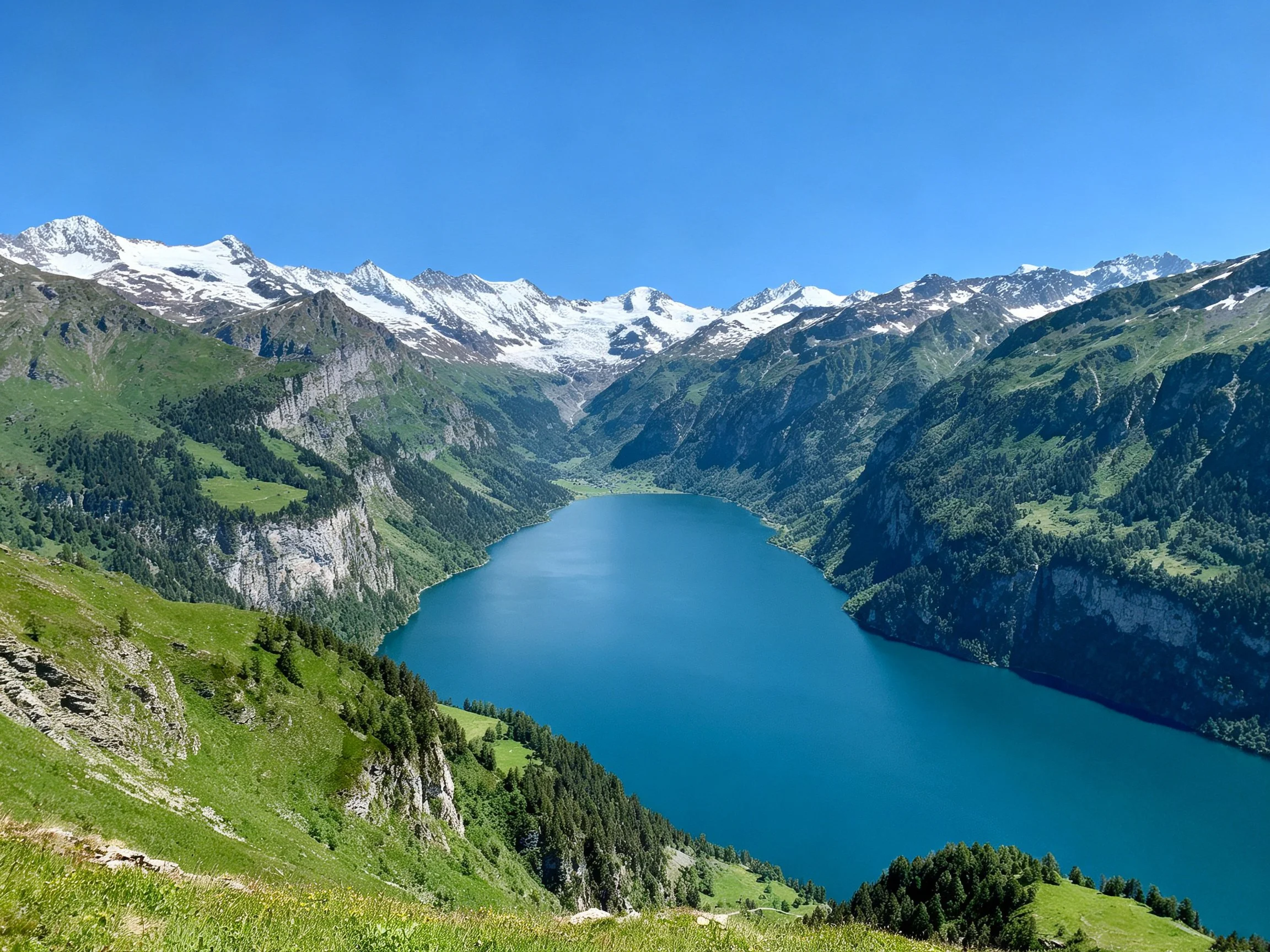 Snow-capped mountains frame a deep blue alpine lake