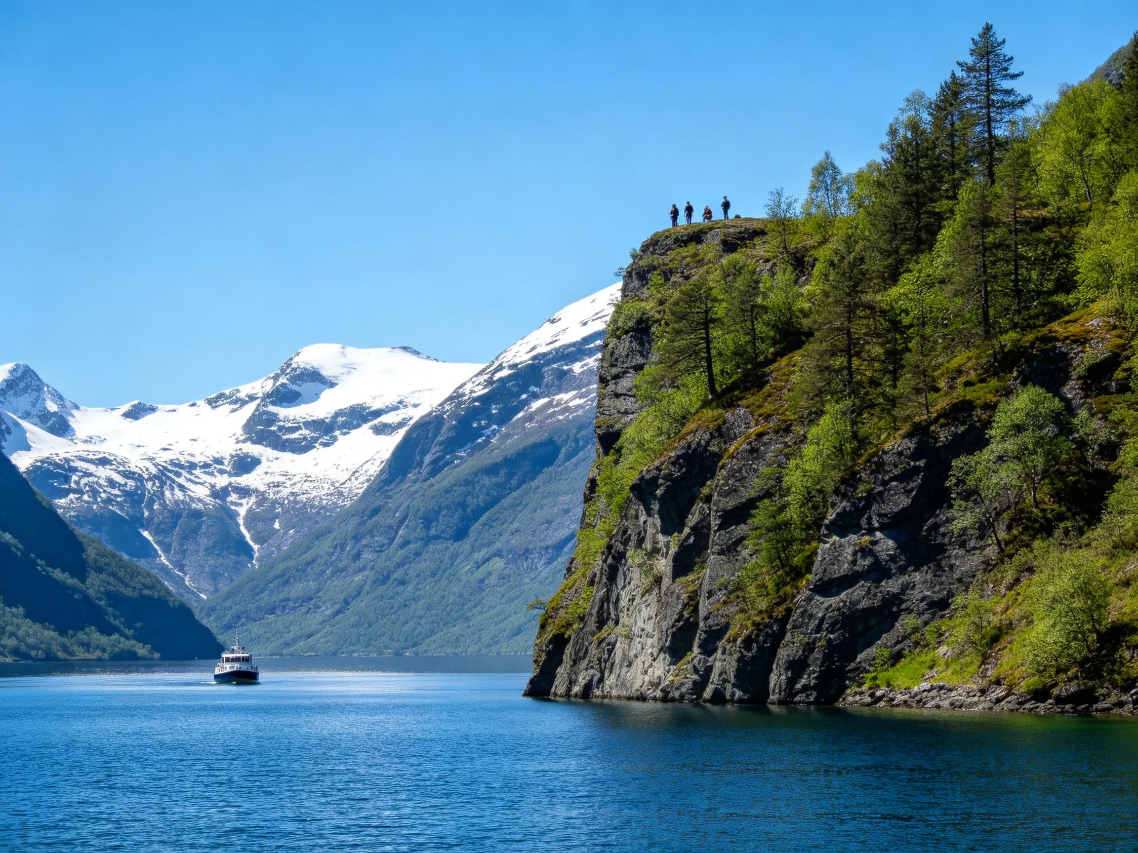 Snow-capped mountains frame a fjord with a rocky cliffside and a tour boat