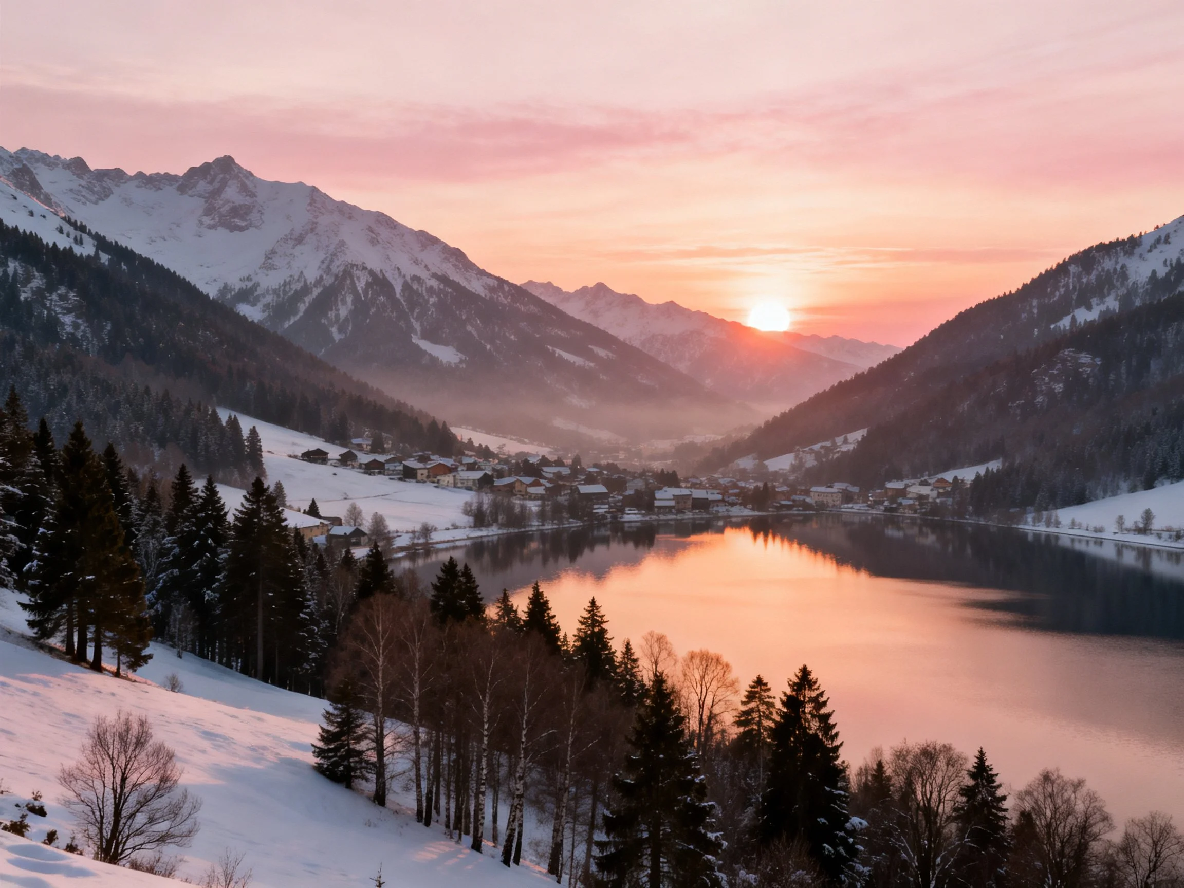 Snow - capped mountains frame a reflective lake at sunset