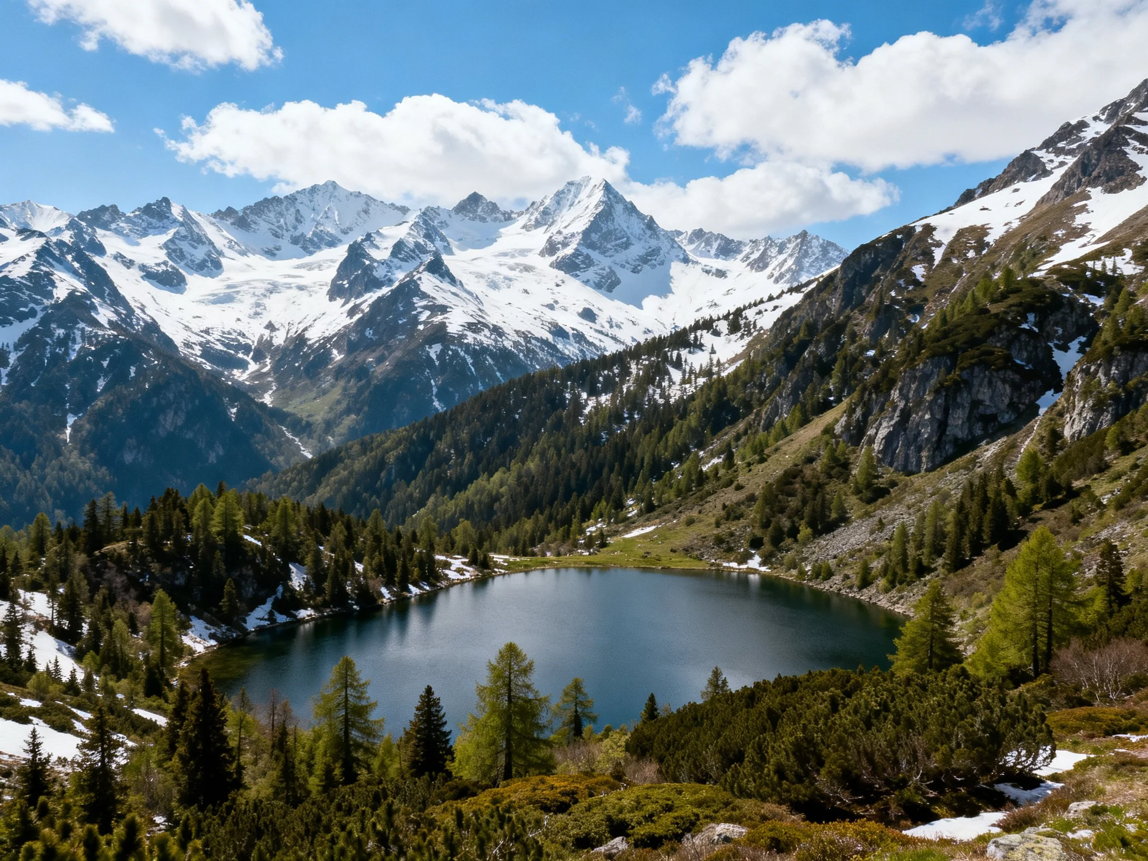 Snow - capped mountains frame a serene alpine lake amid lush forests