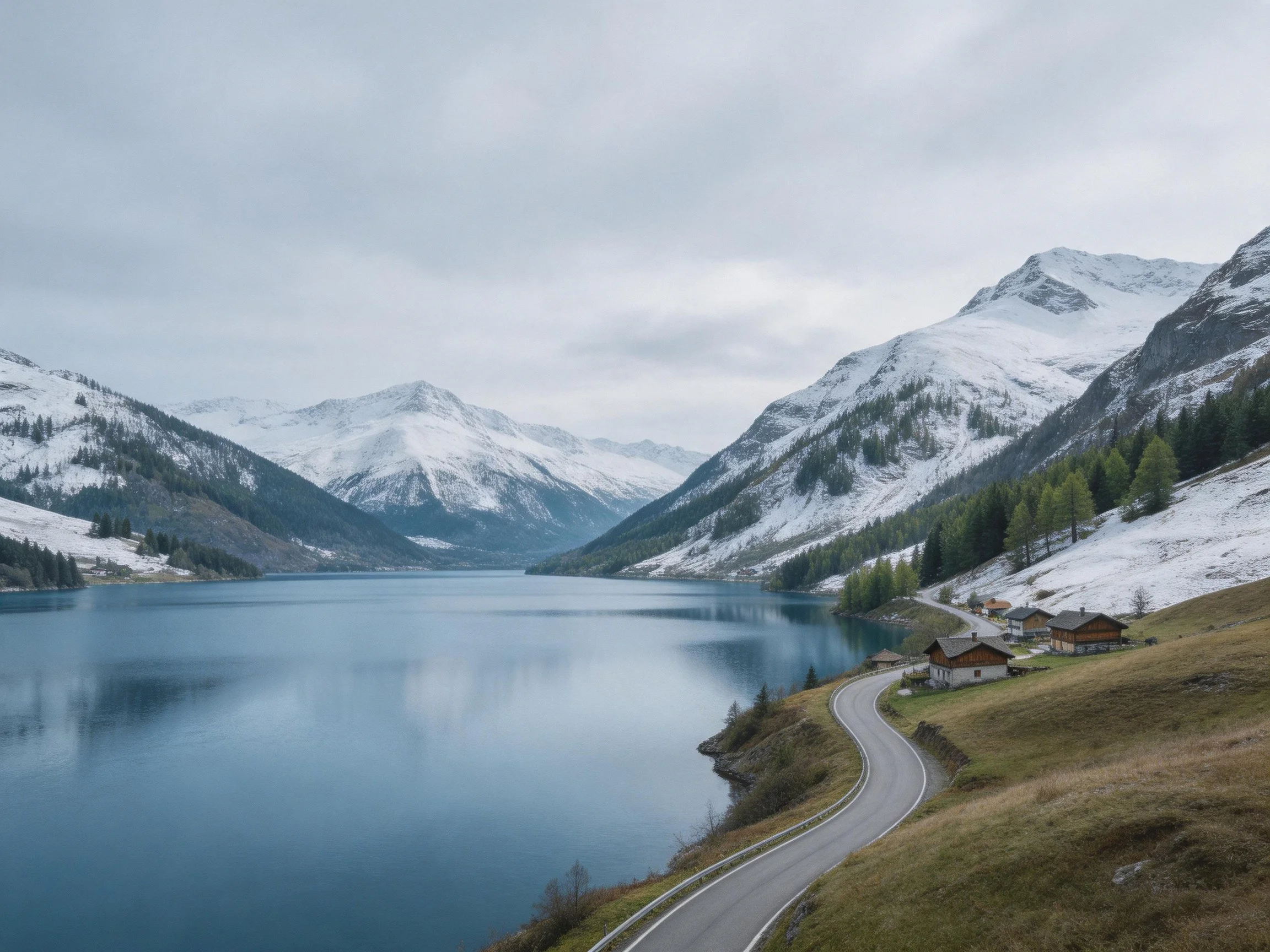 Snow - capped mountains frame a serene blue lake with a winding road