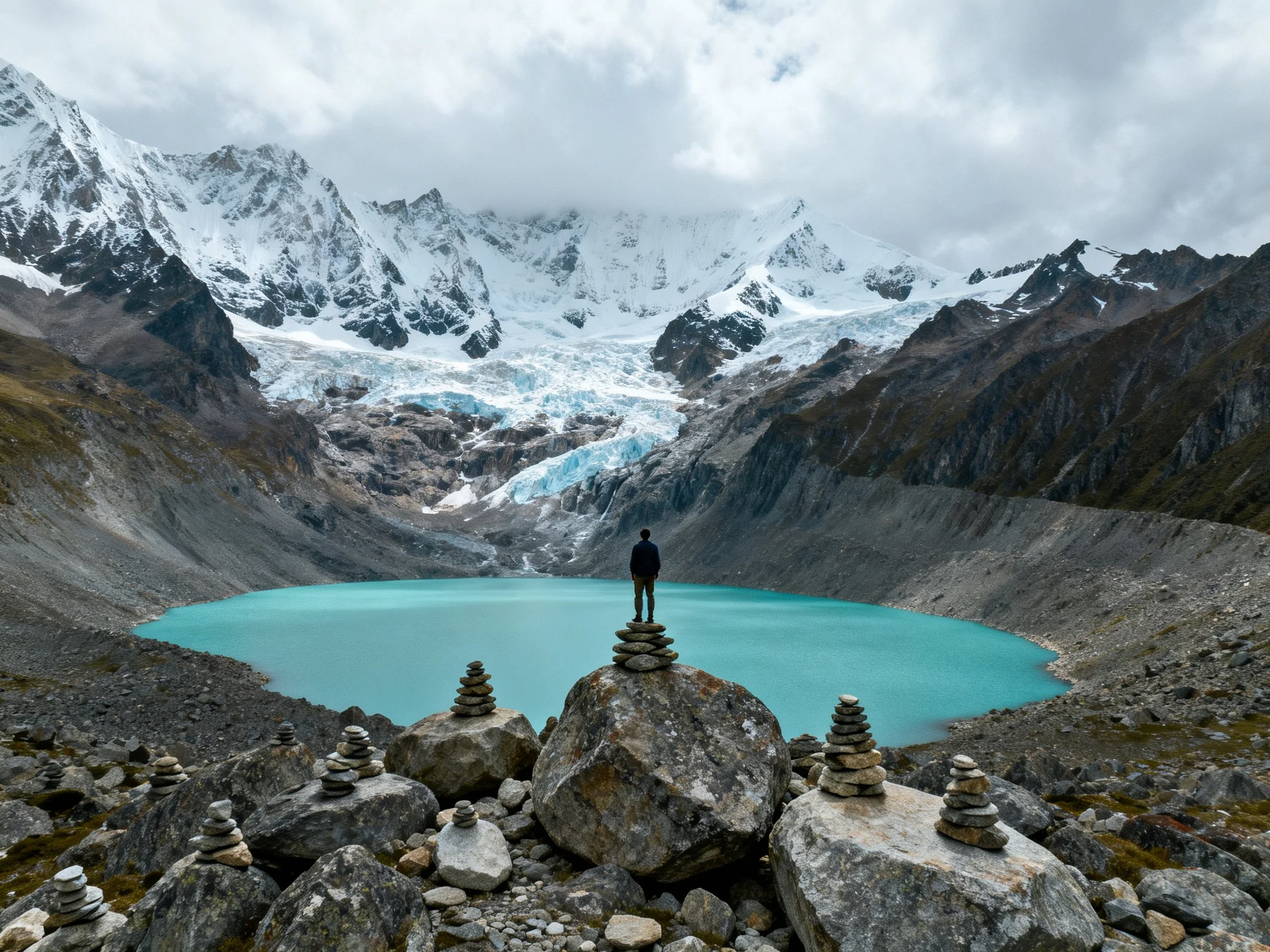 Snow - capped mountains frame a turquoise glacial lake with stone stacks