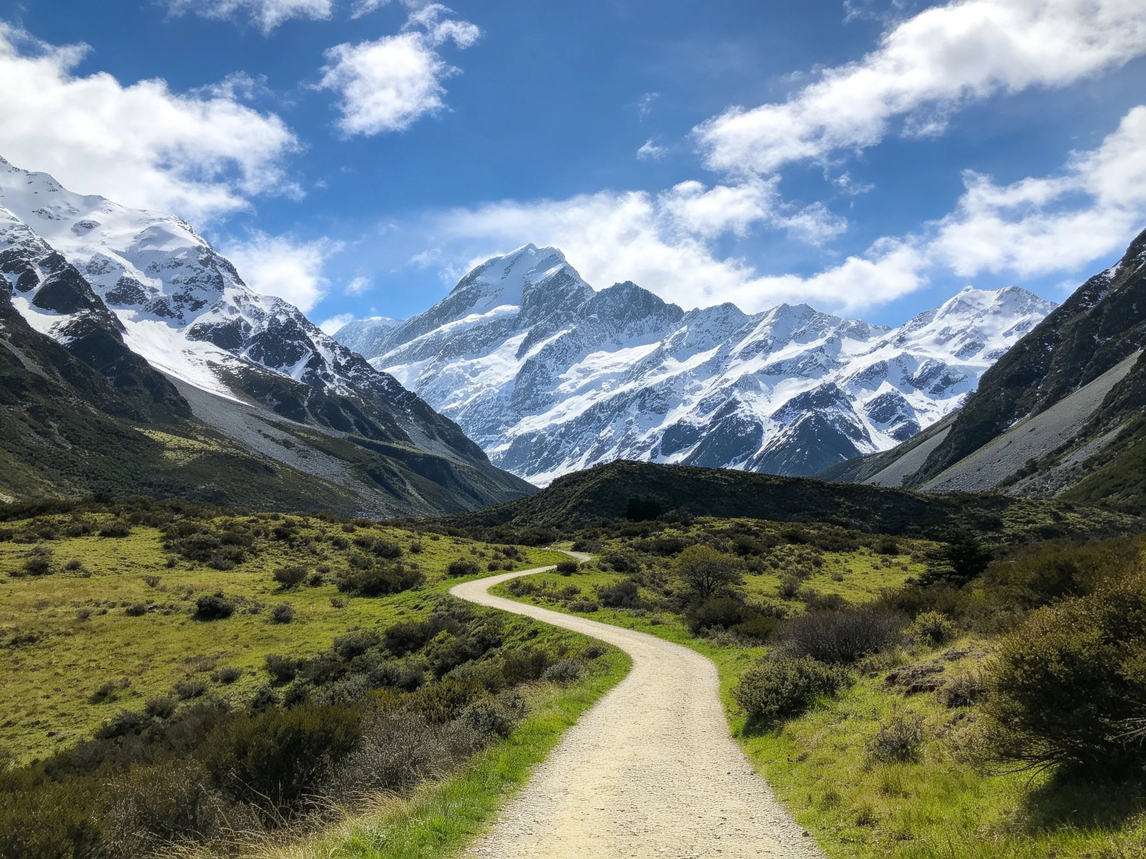 Snow-capped mountains frame a winding dirt path through lush green valley