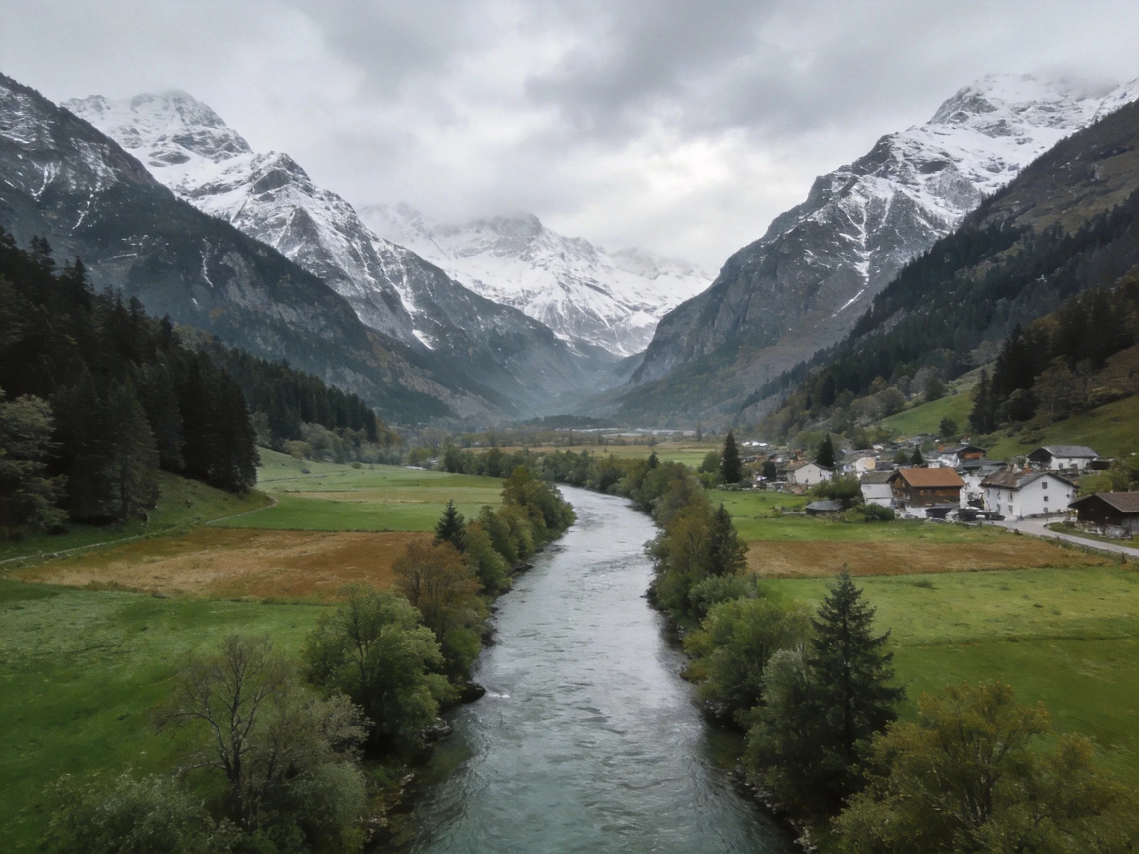 Snow-capped mountains frame a winding river through forested valleys