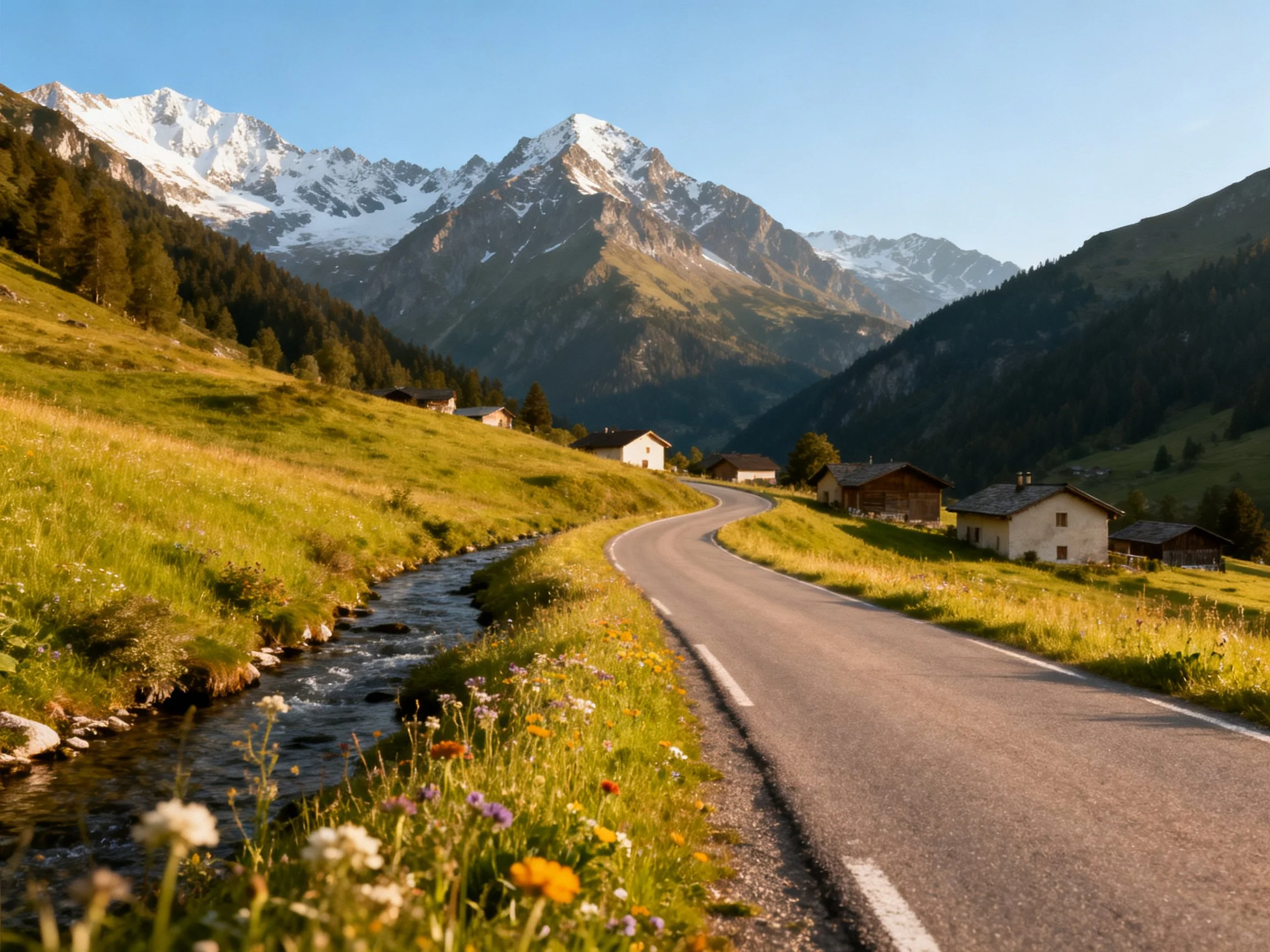 Snow-capped mountains frame a winding road near alpine villages.