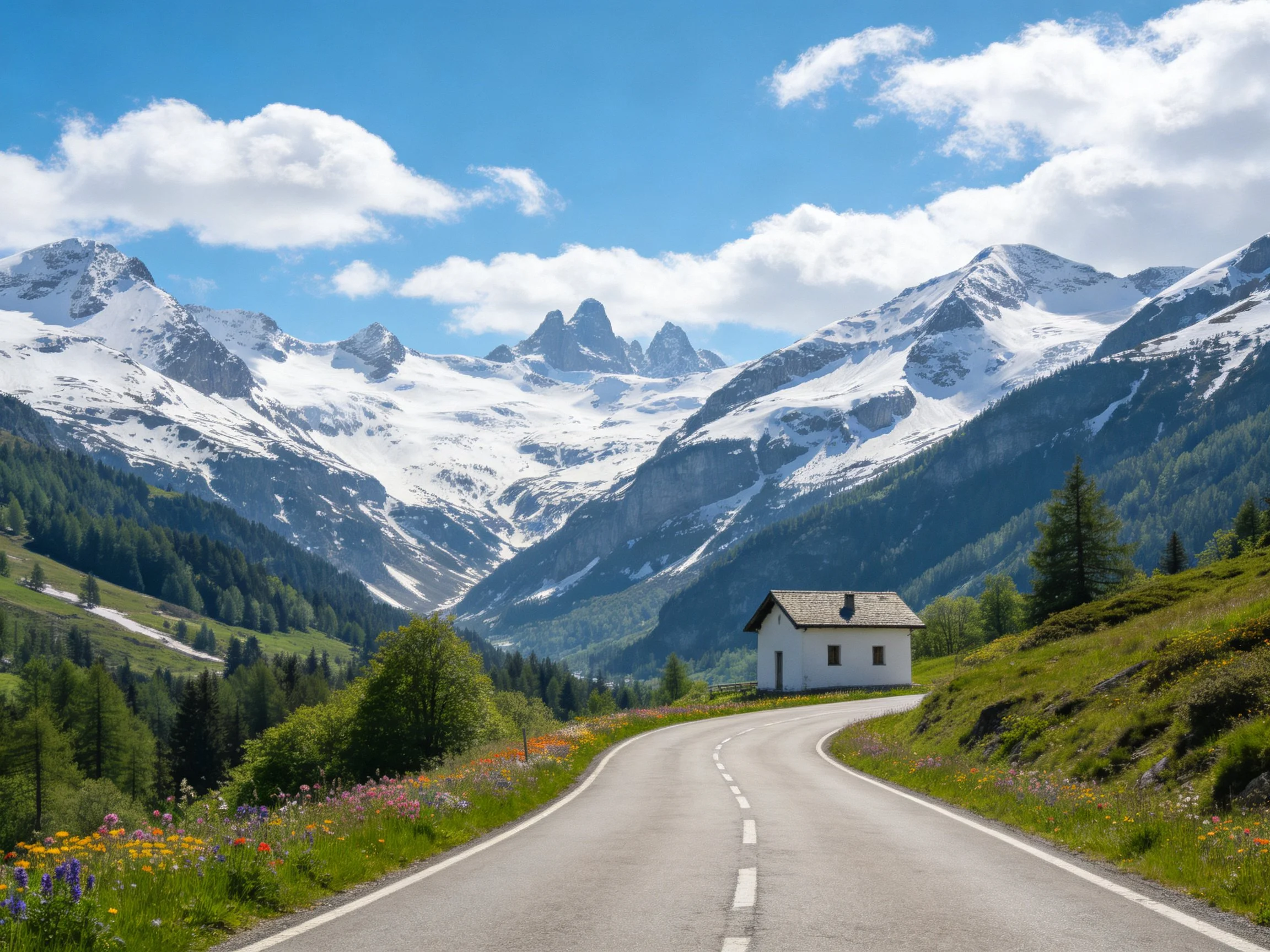 Snow-capped mountains frame a winding road with a white cottage.
