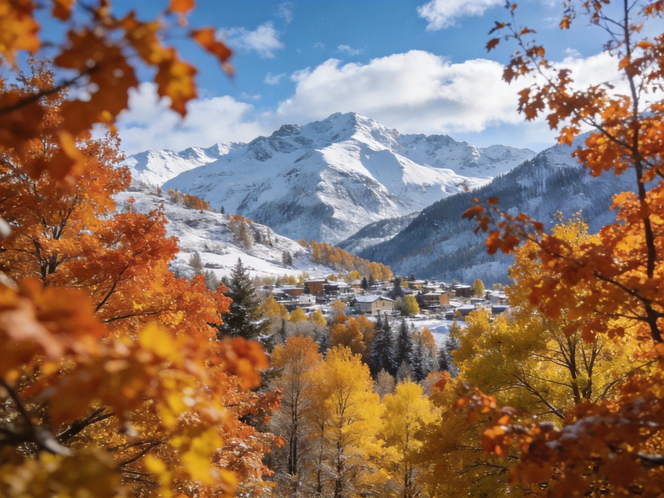 Snow-capped mountains frame autumn foliage and a village