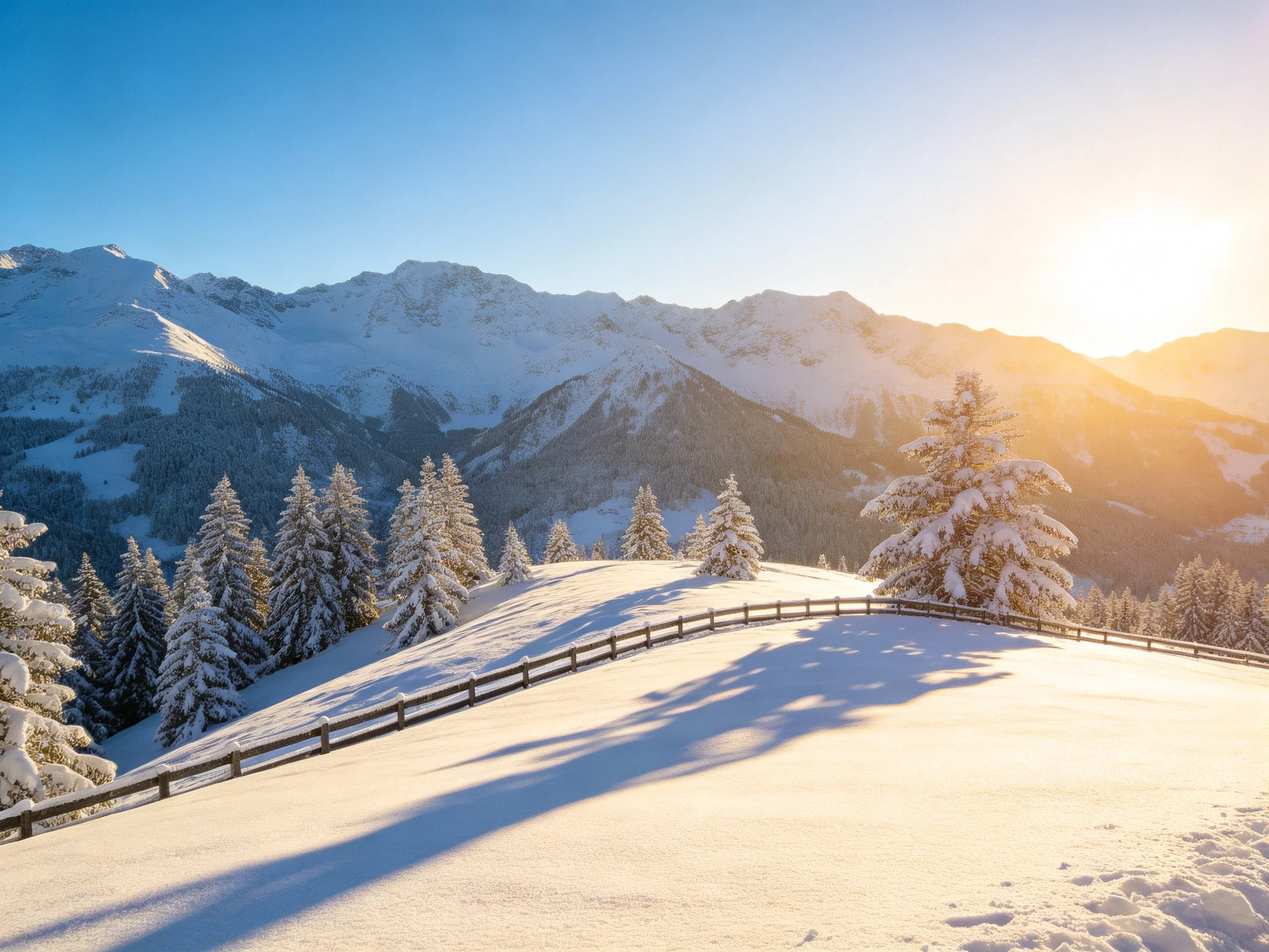 Snow-capped mountains, frosty evergreens, sunny winter landscape