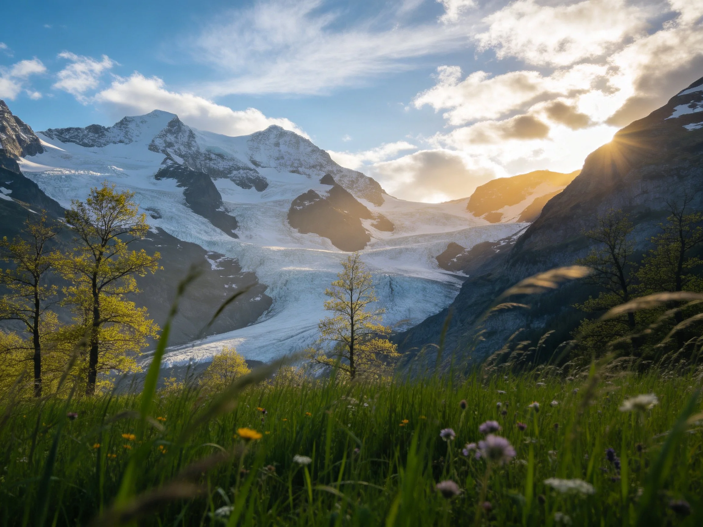 Snow-capped mountains, glacier, and lush meadow under golden light