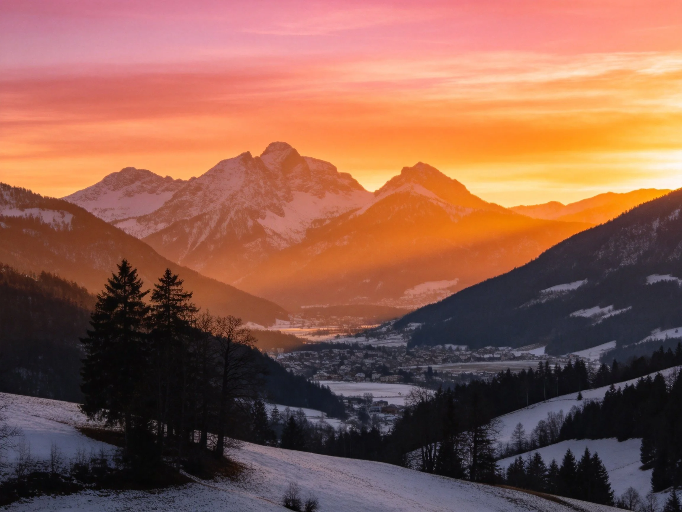 Snow-capped mountains glow under vibrant pink-orange sunrise sky