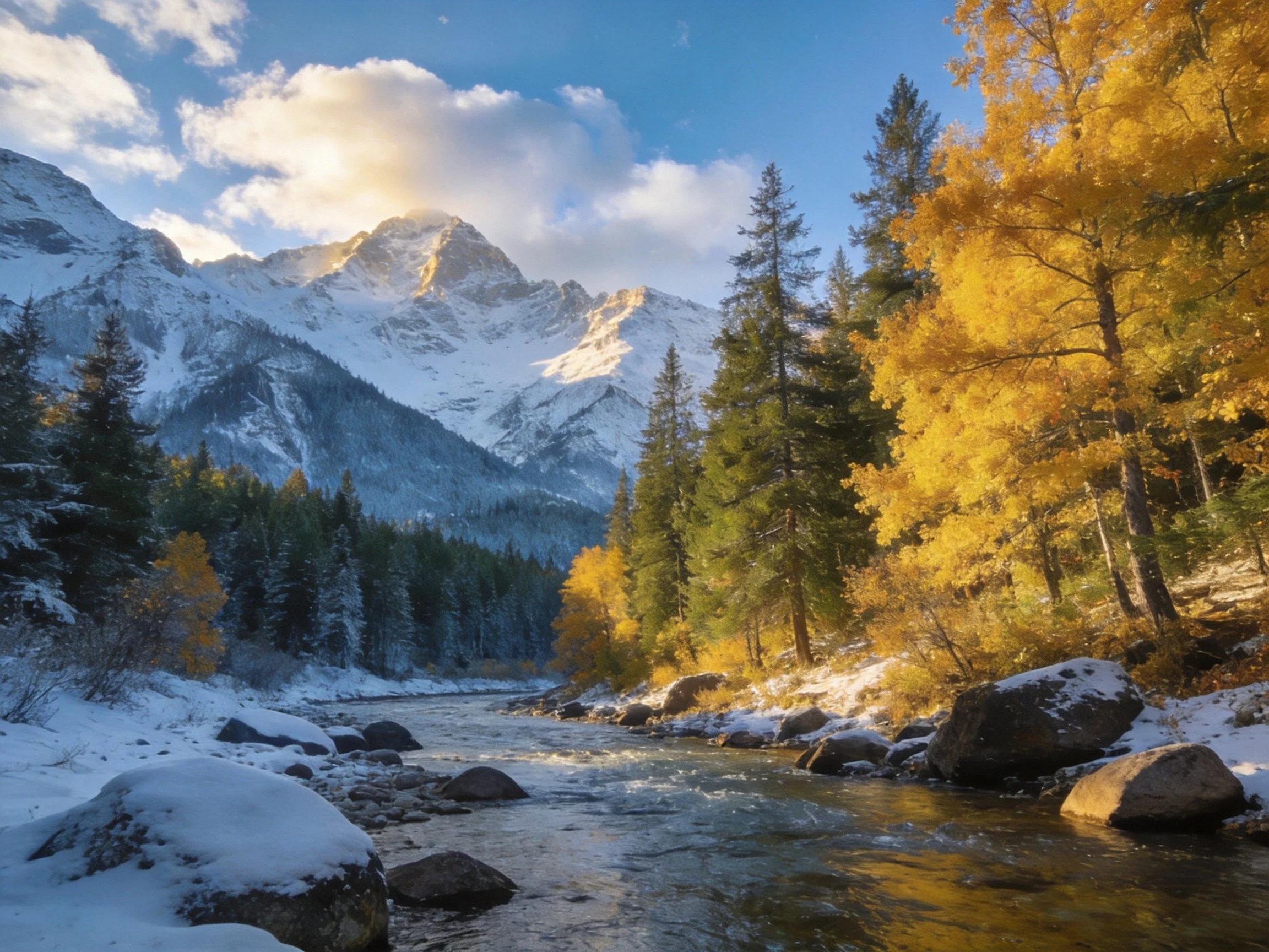 Snow-capped mountains, golden trees, and a winding stream
