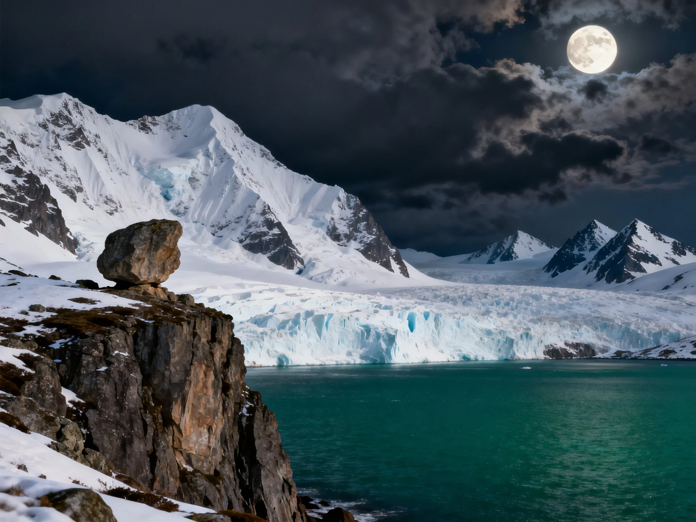 Snow-capped mountains, icy glacier, turquoise waters, moonlit Arctic