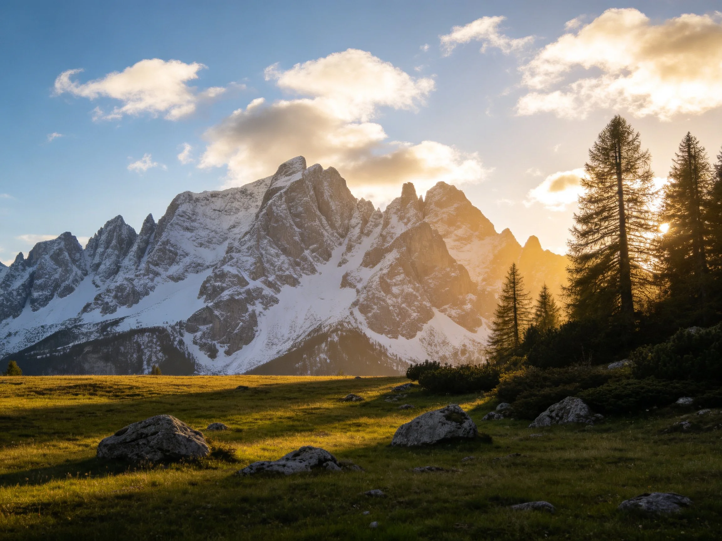 Snow-capped mountains illuminate golden alpine meadow