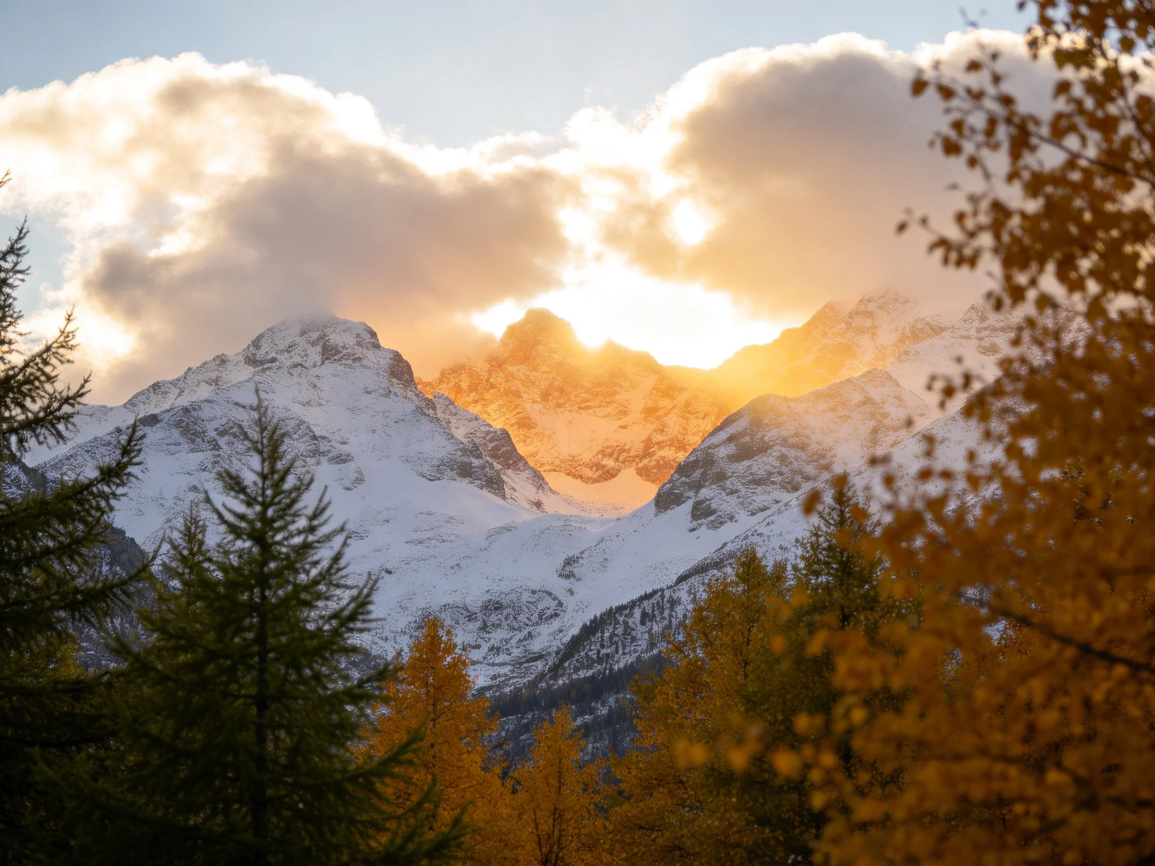 Snow-capped mountains illuminated by golden sunset among autumn trees
