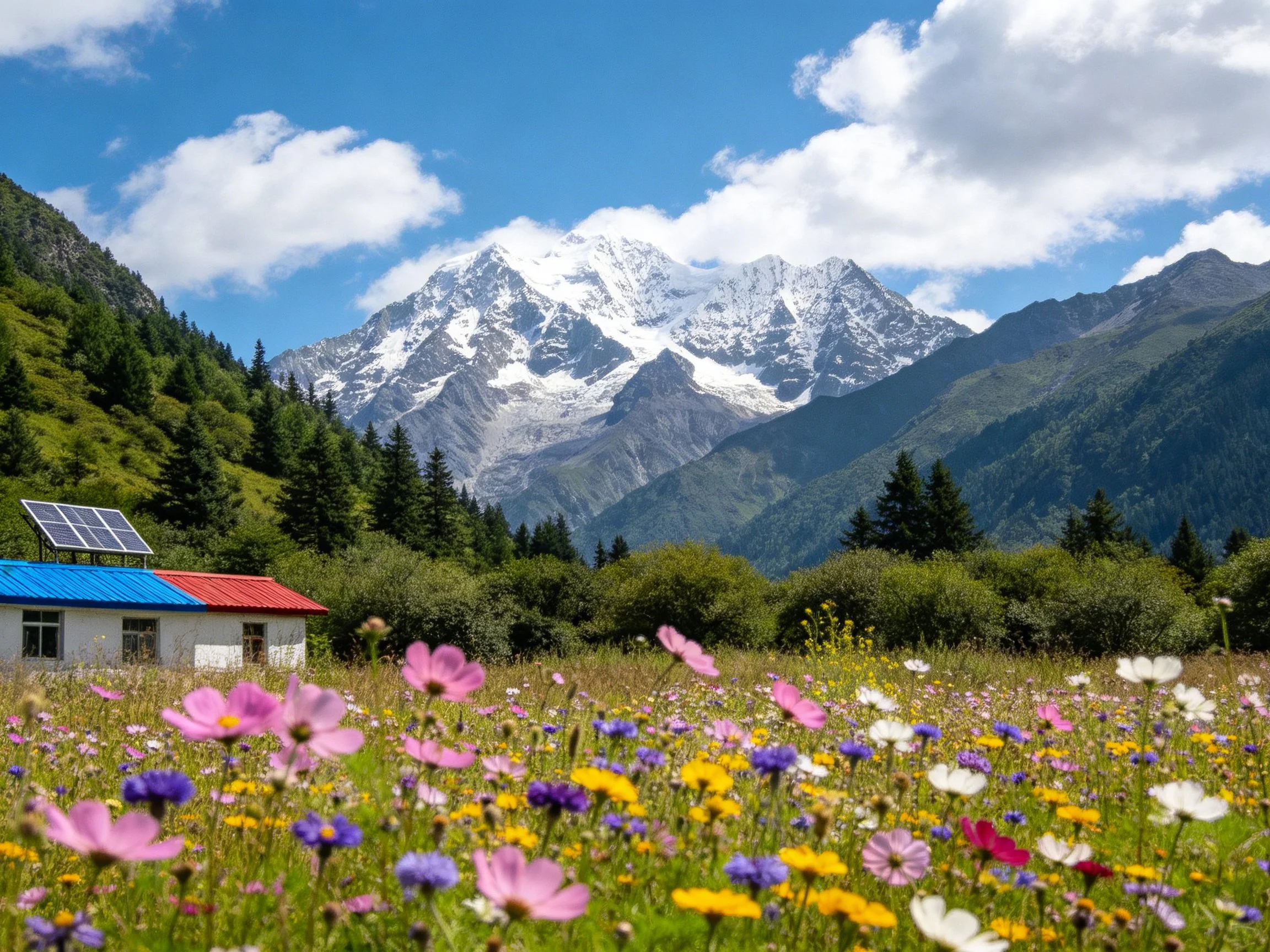 Snow-capped mountains loom over a flower-filled meadow near a small house