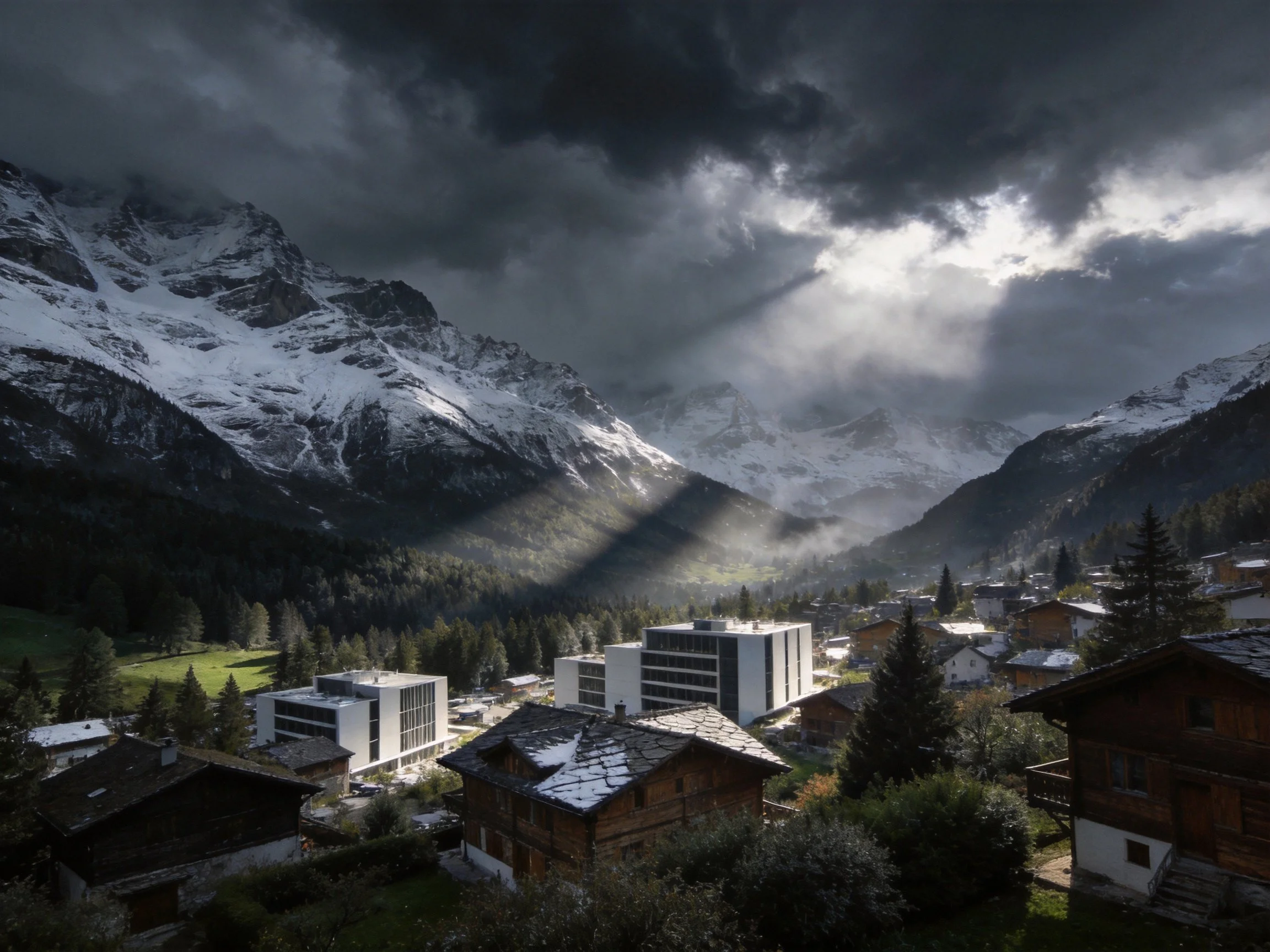 Snow - capped mountains loom over a village under dramatic storm clouds