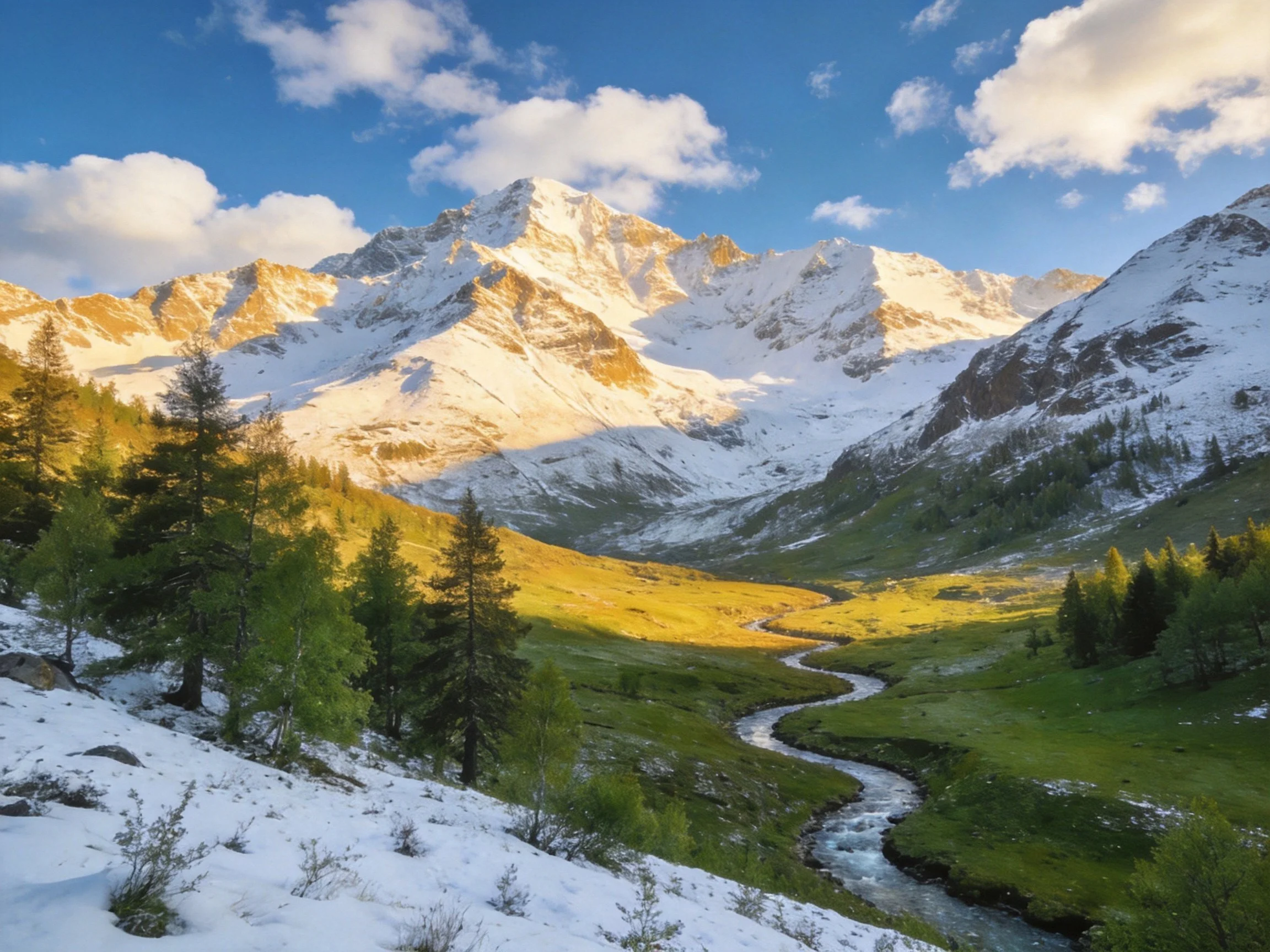Snow - capped mountains, lush green valley, and winding stream under bright sky