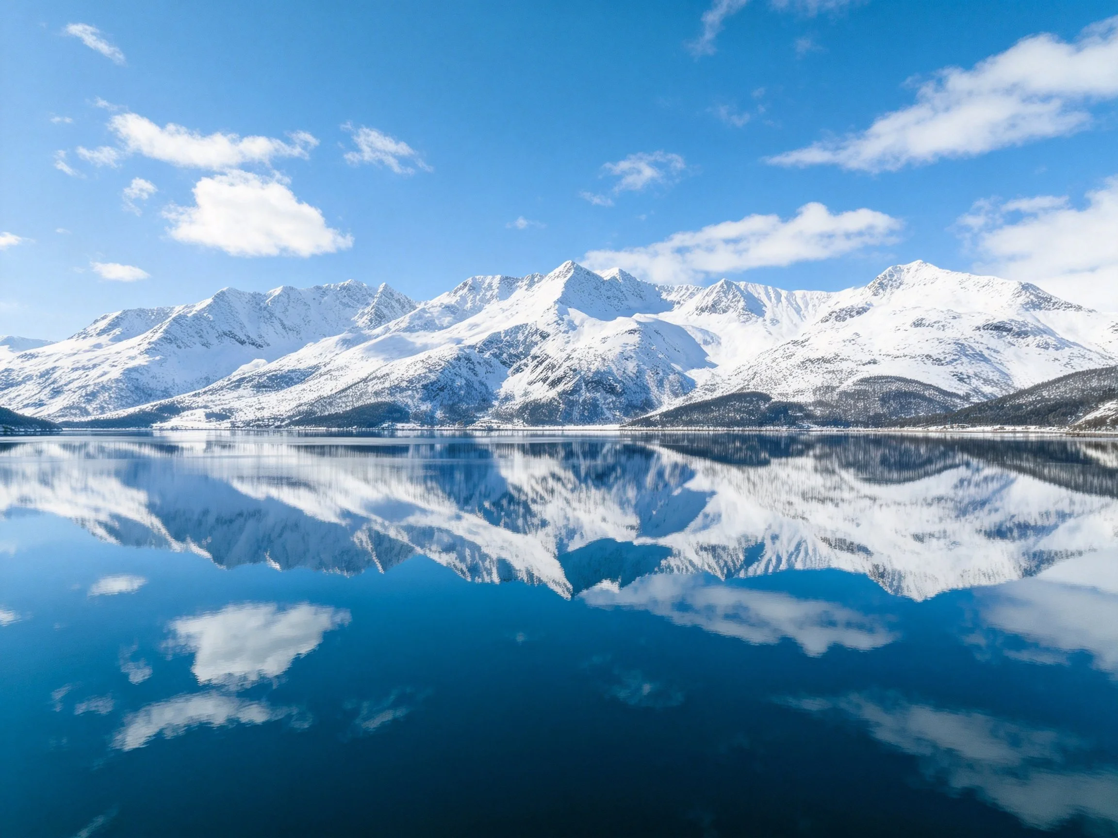 Snow - capped mountains mirror in a tranquil lake under bright blue sky