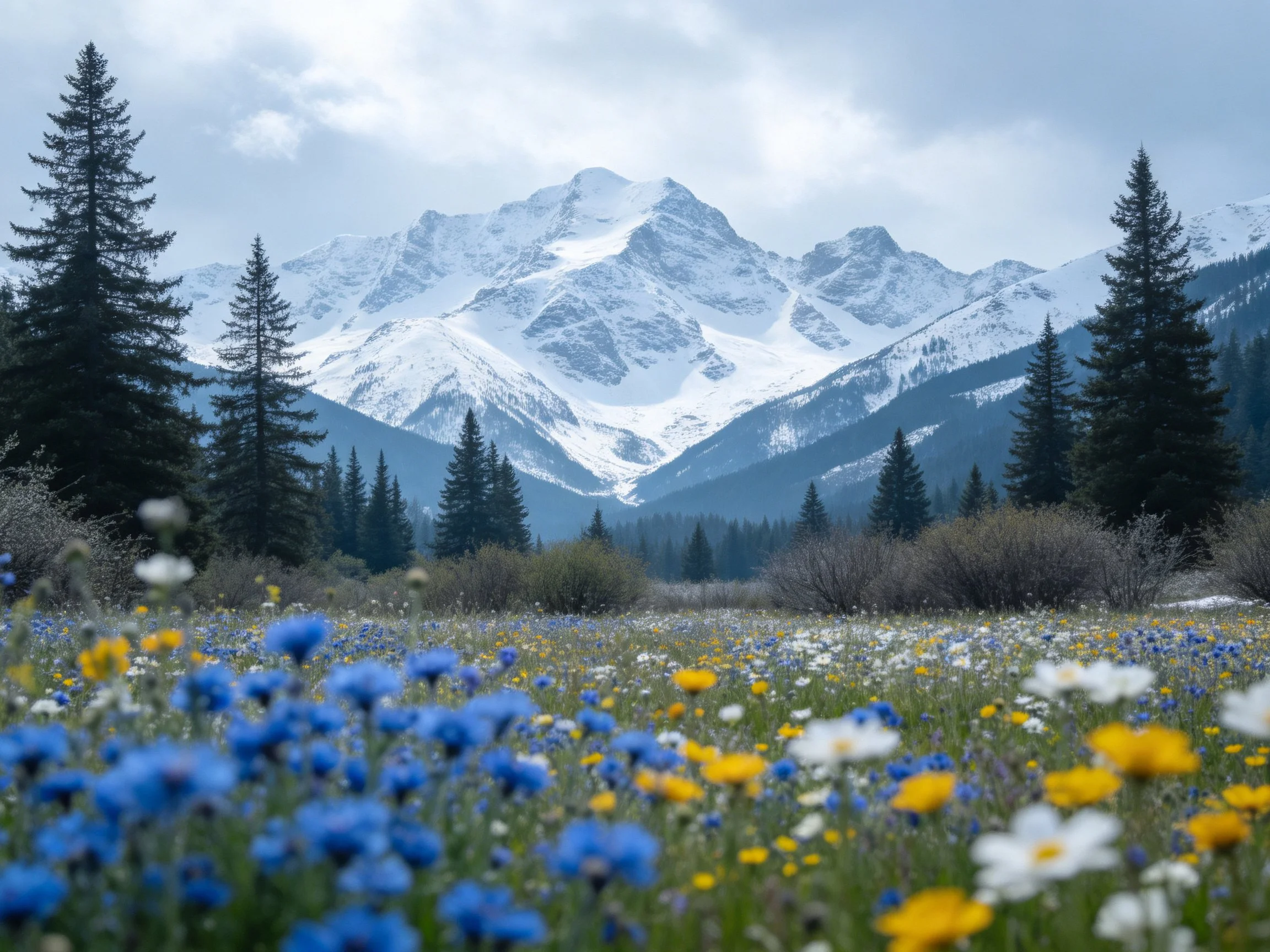 Snow-capped mountains overlook a colorful wildflower meadow with evergreen trees