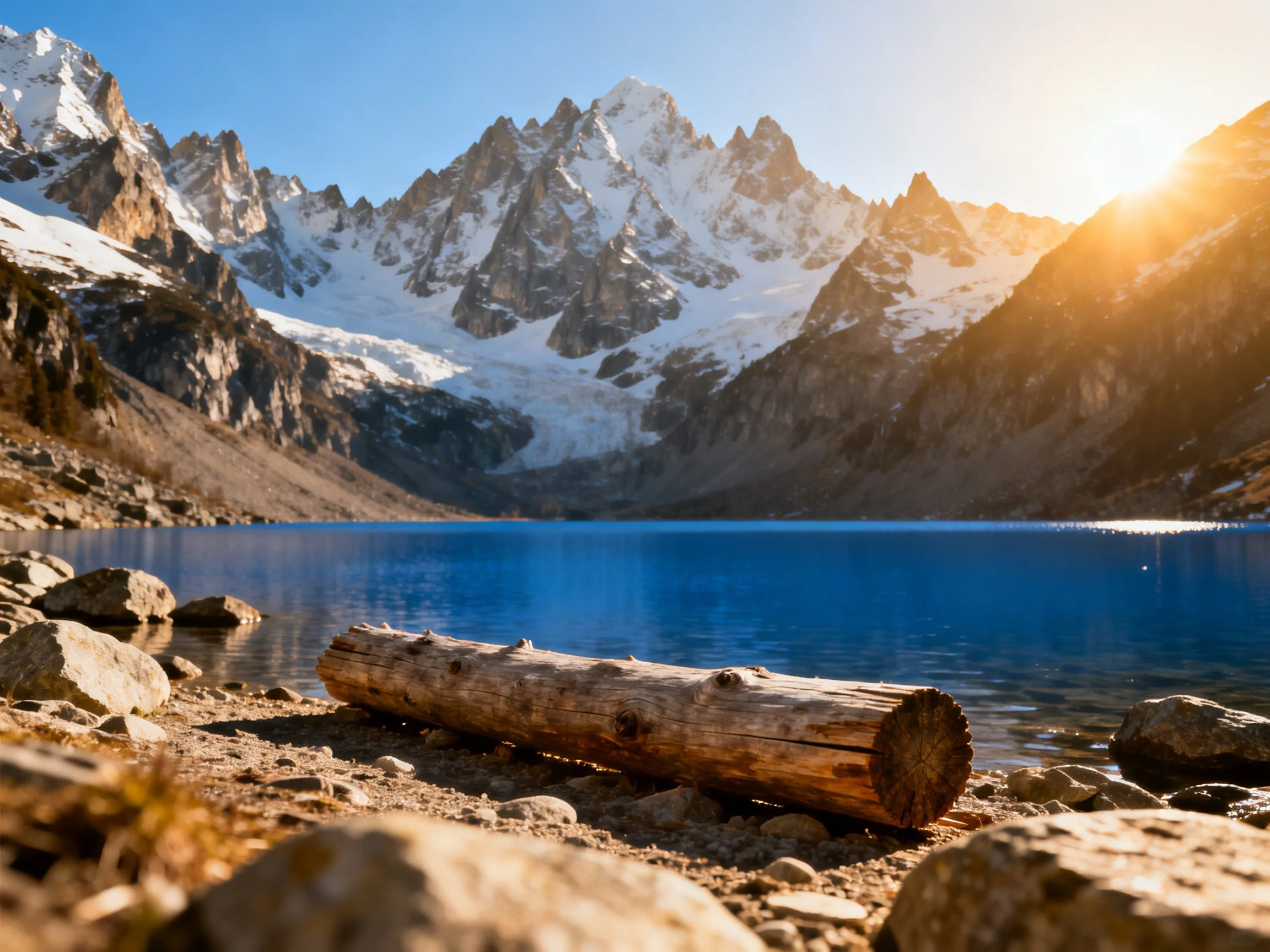 Snow - capped mountains overlook a deep blue alpine lake with a fallen log