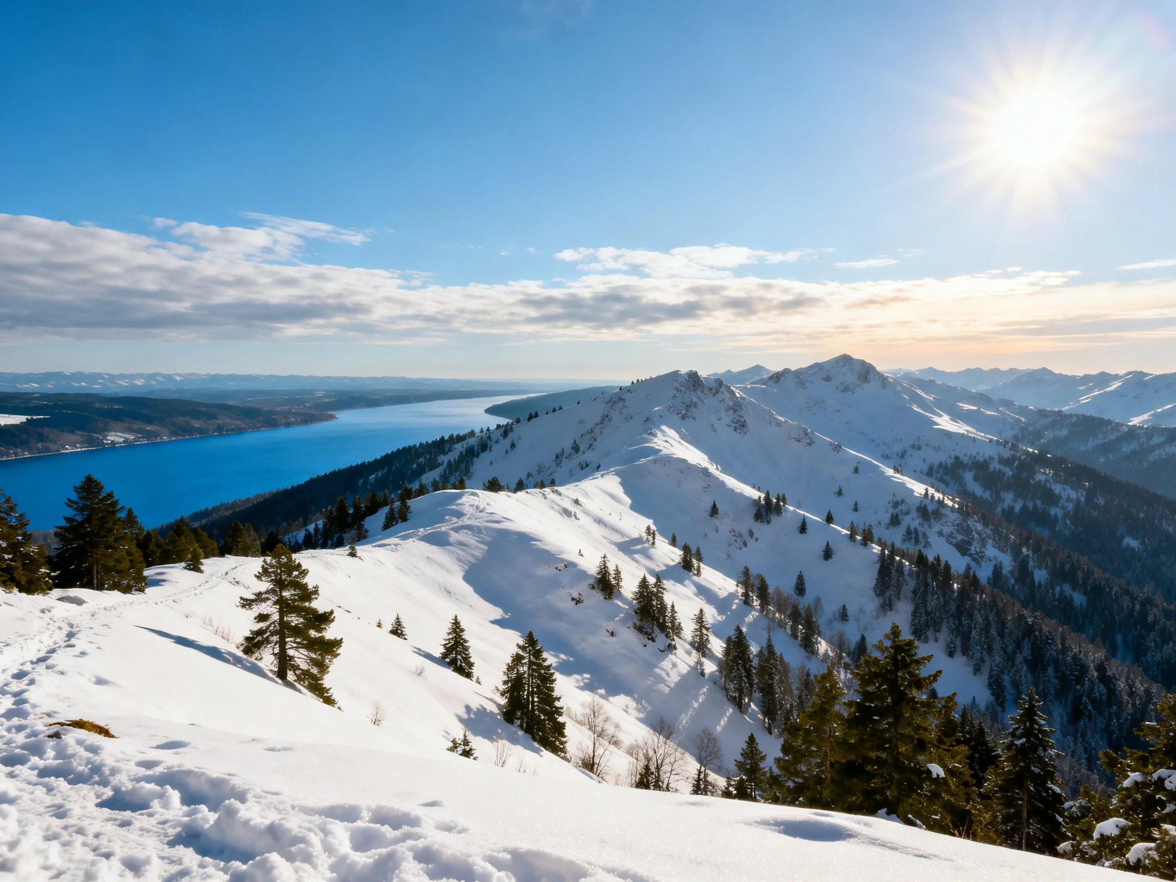 Snow-capped mountains overlook a deep blue lake under sunny skies
