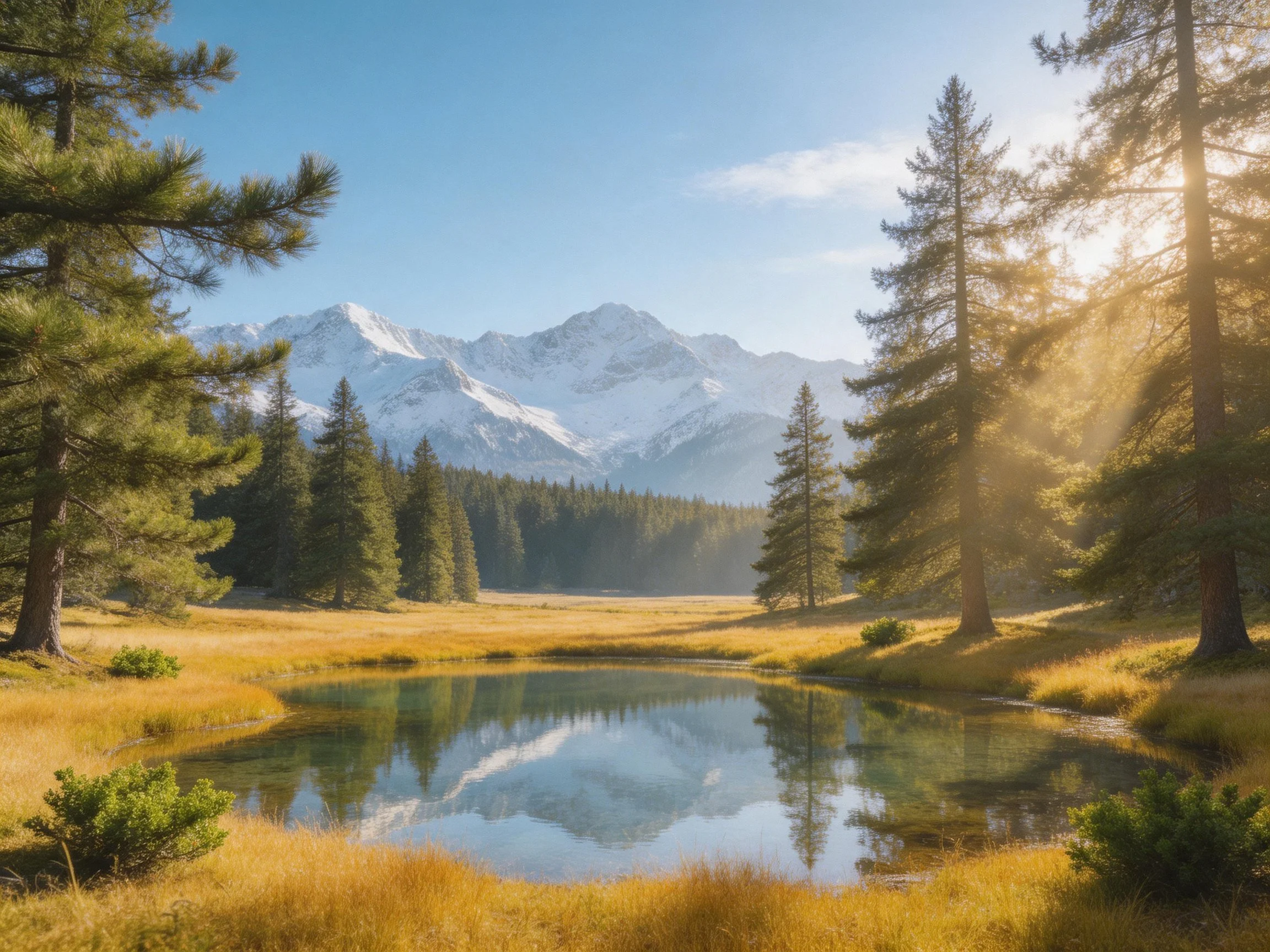 Snow-capped mountains overlook a forested meadow with a reflective pond