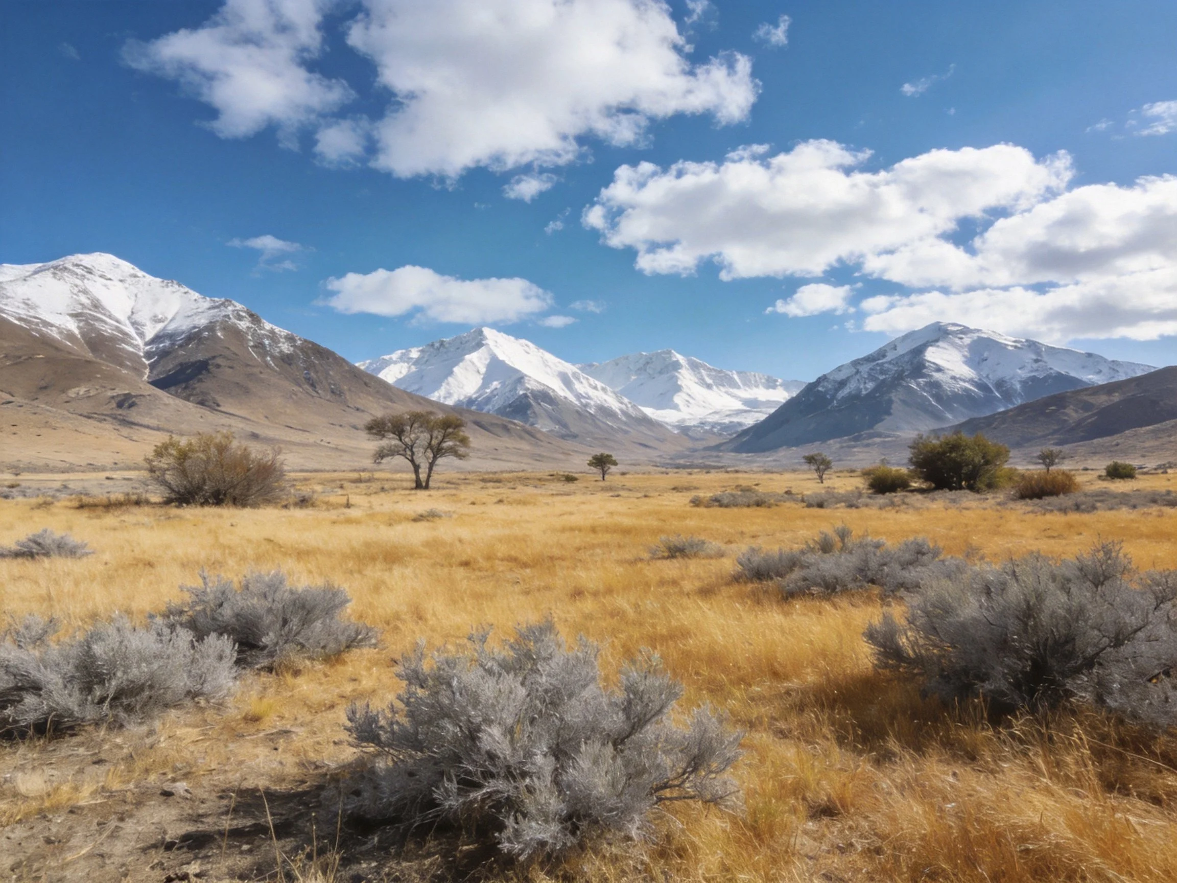 Snow-capped mountains overlook a golden valley with scattered shrubs