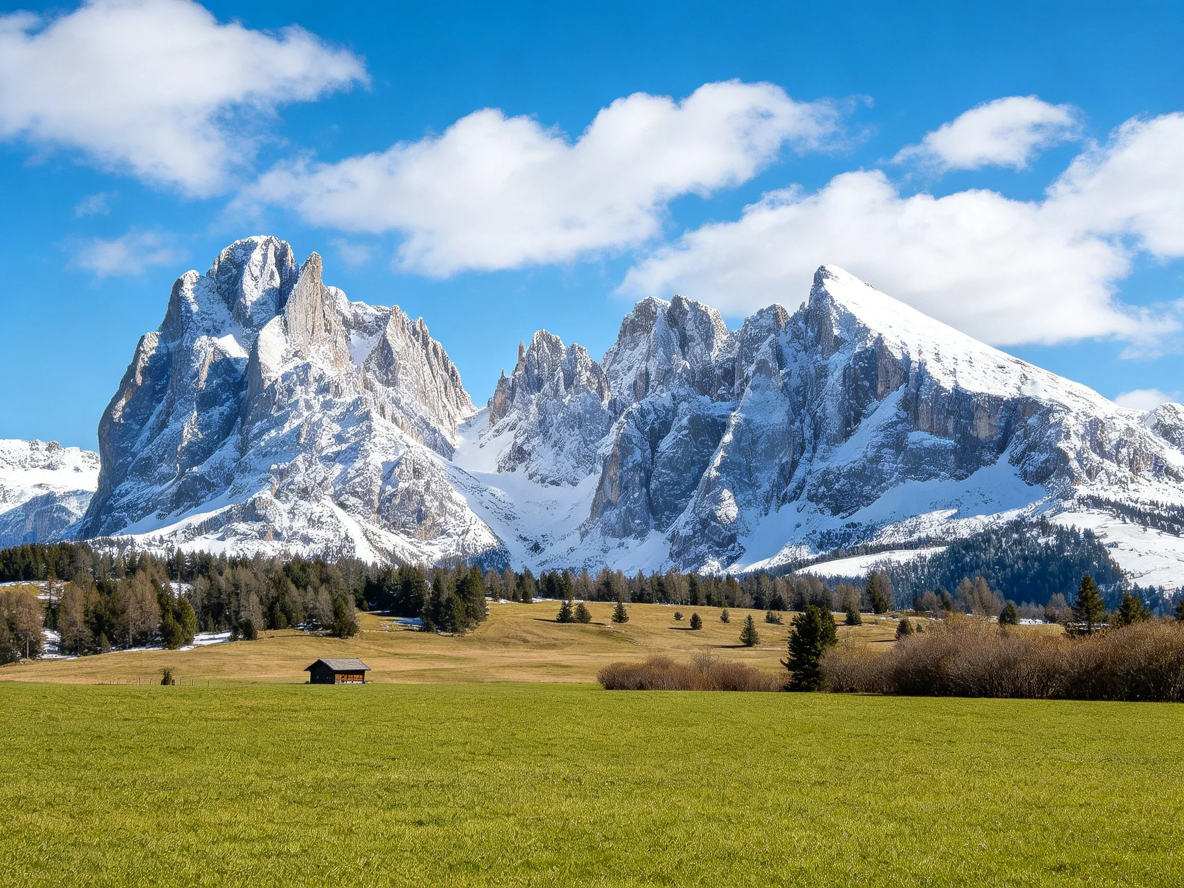 Snow - capped mountains overlook a green meadow with scattered trees