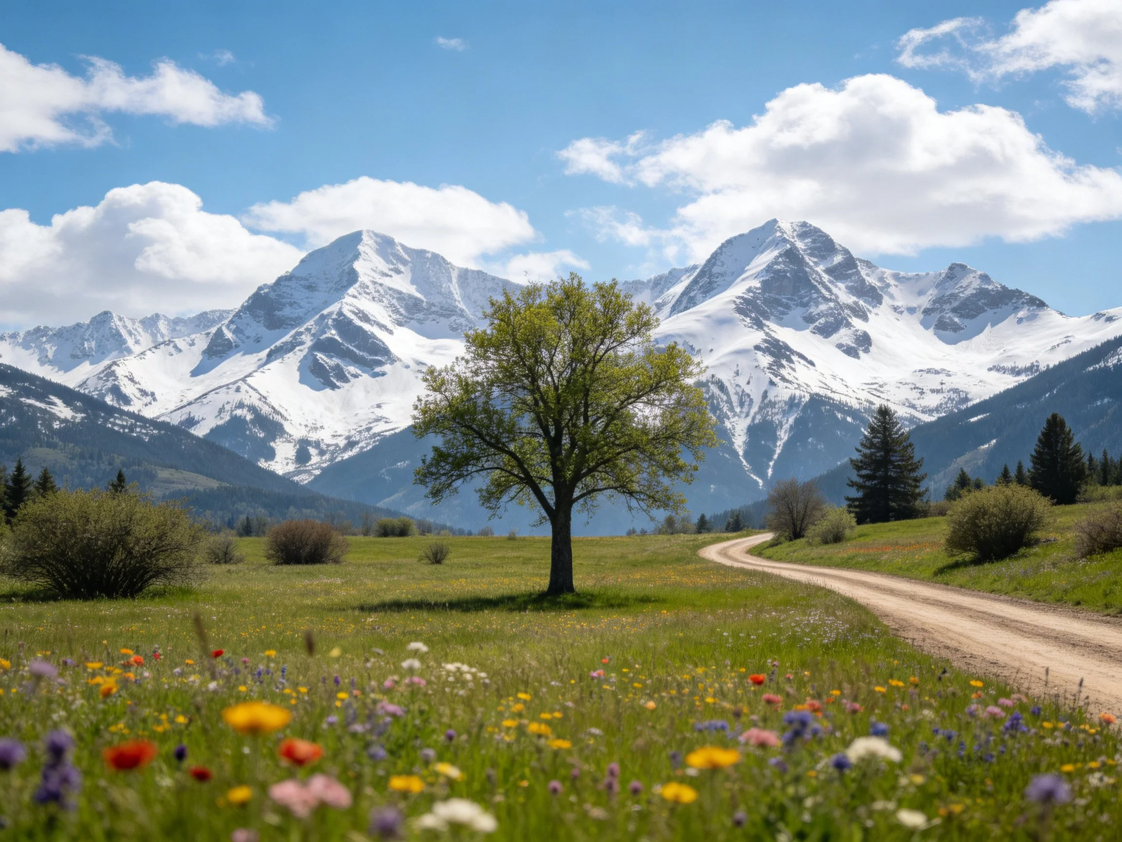 Snow-capped mountains overlook a lone tree and vibrant flower meadow