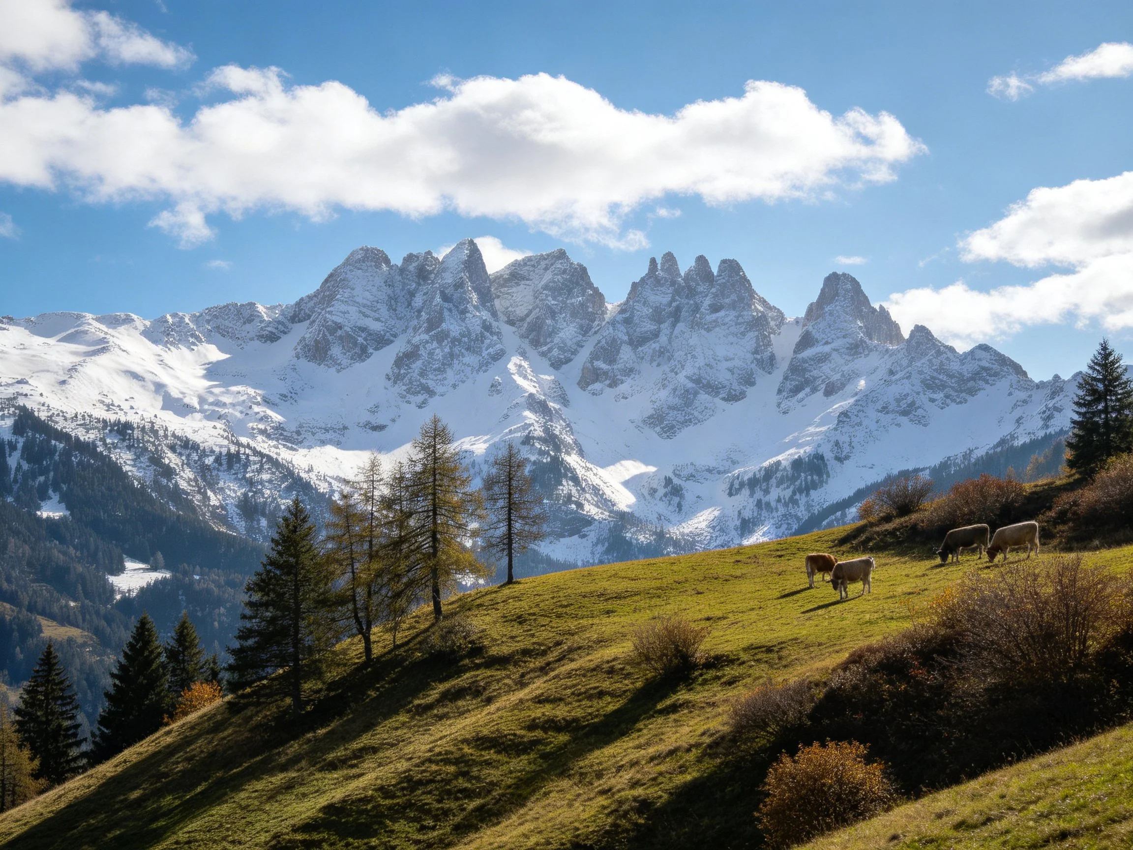 Snow-capped mountains overlook a lush pasture with grazing cattle
