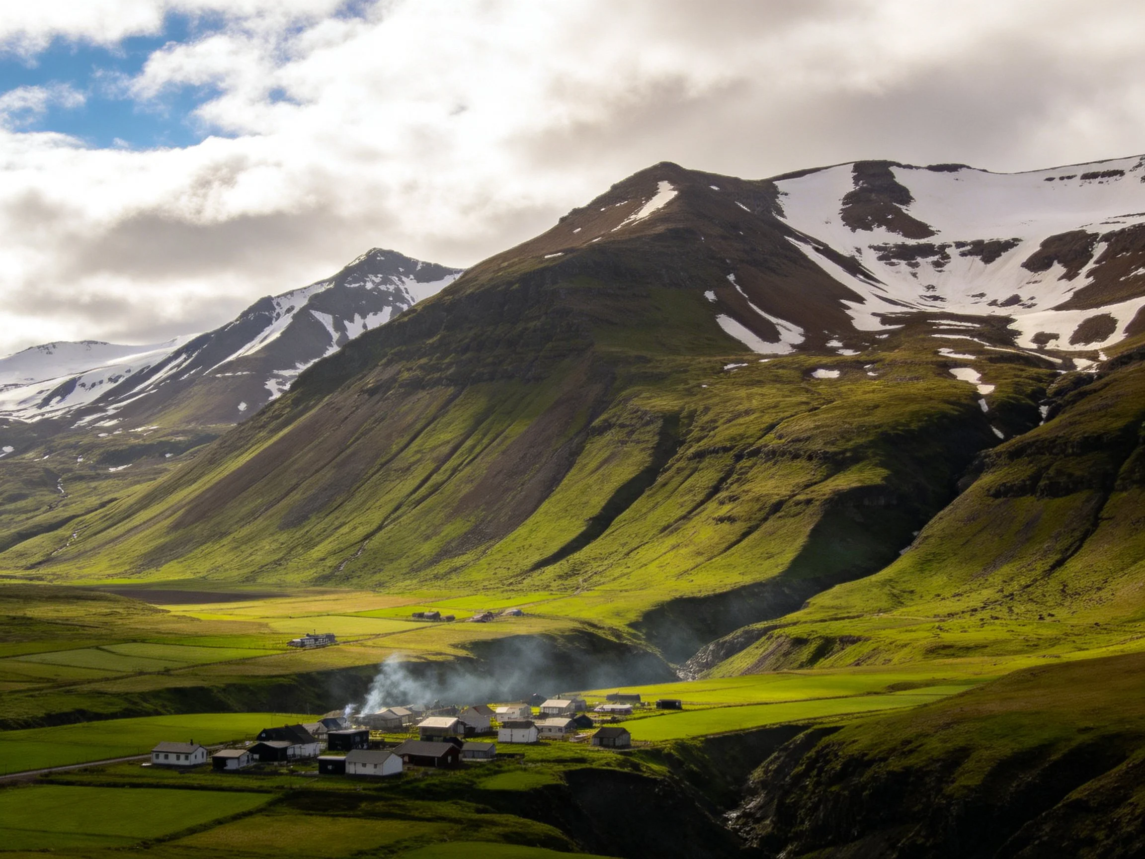 Snow-capped mountains overlook a lush valley village with smoke rising.
