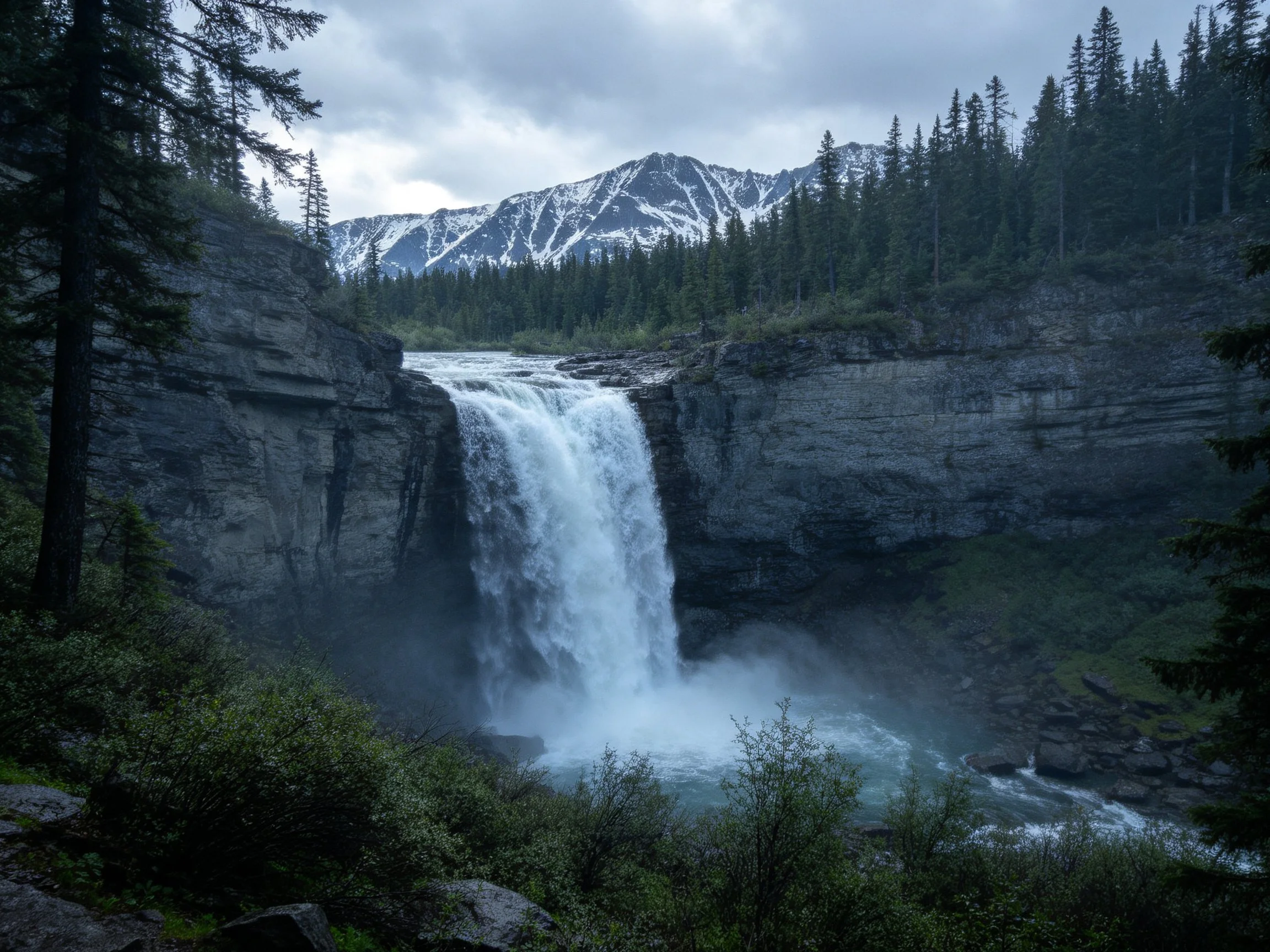 Snow-capped mountains overlook a powerful waterfall in a forested canyon