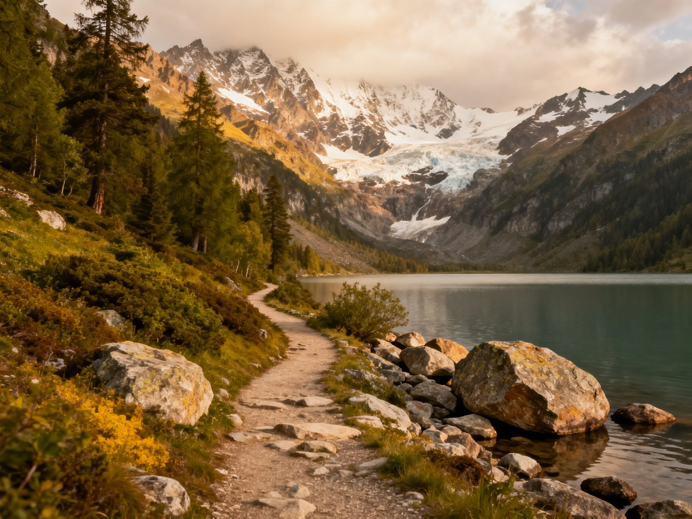 Snow - capped mountains overlook a serene alpine lake with a rocky trail
