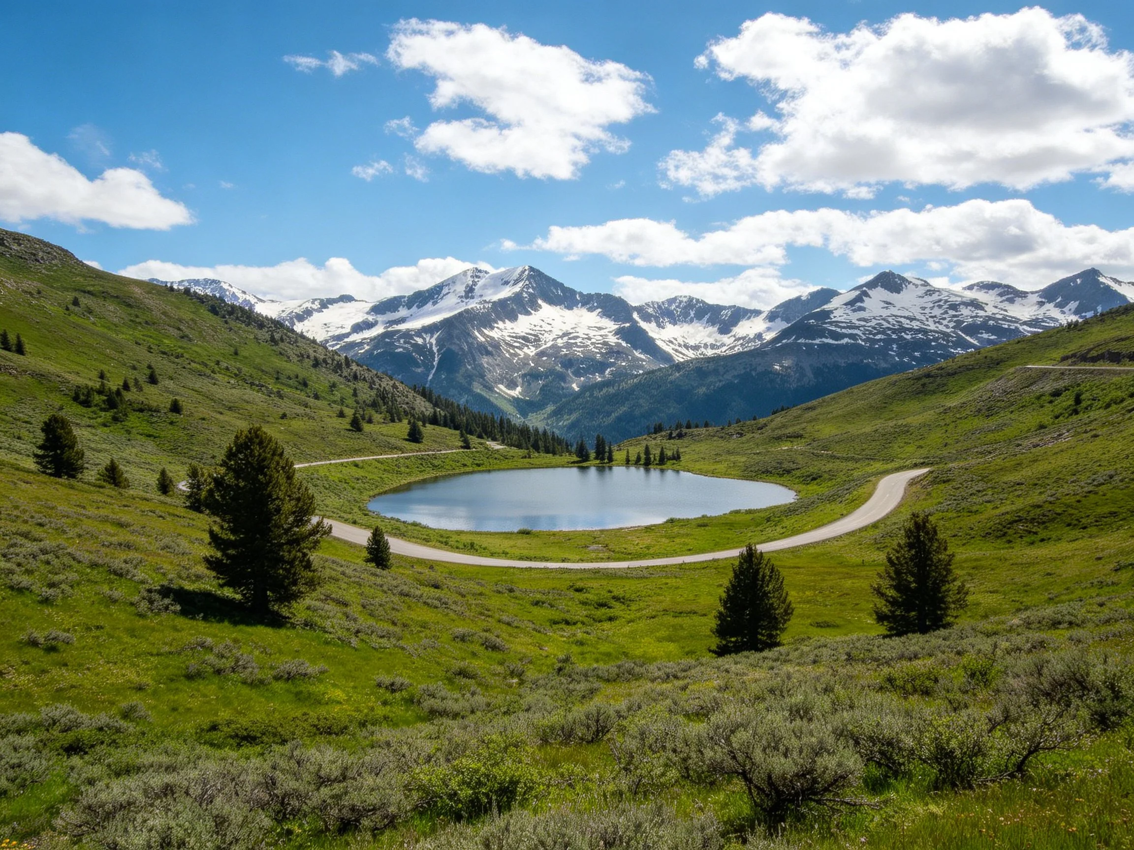Snow-capped mountains overlook a serene alpine lake with winding road