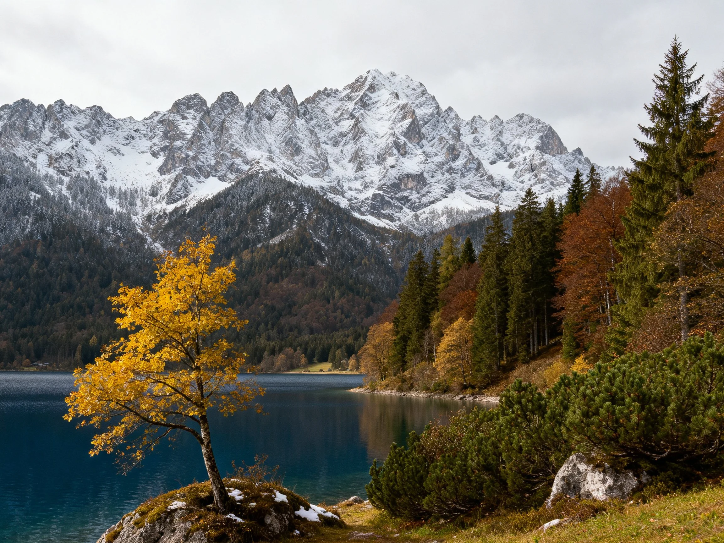 Snow-capped mountains overlook a serene blue lake with autumn-colored trees