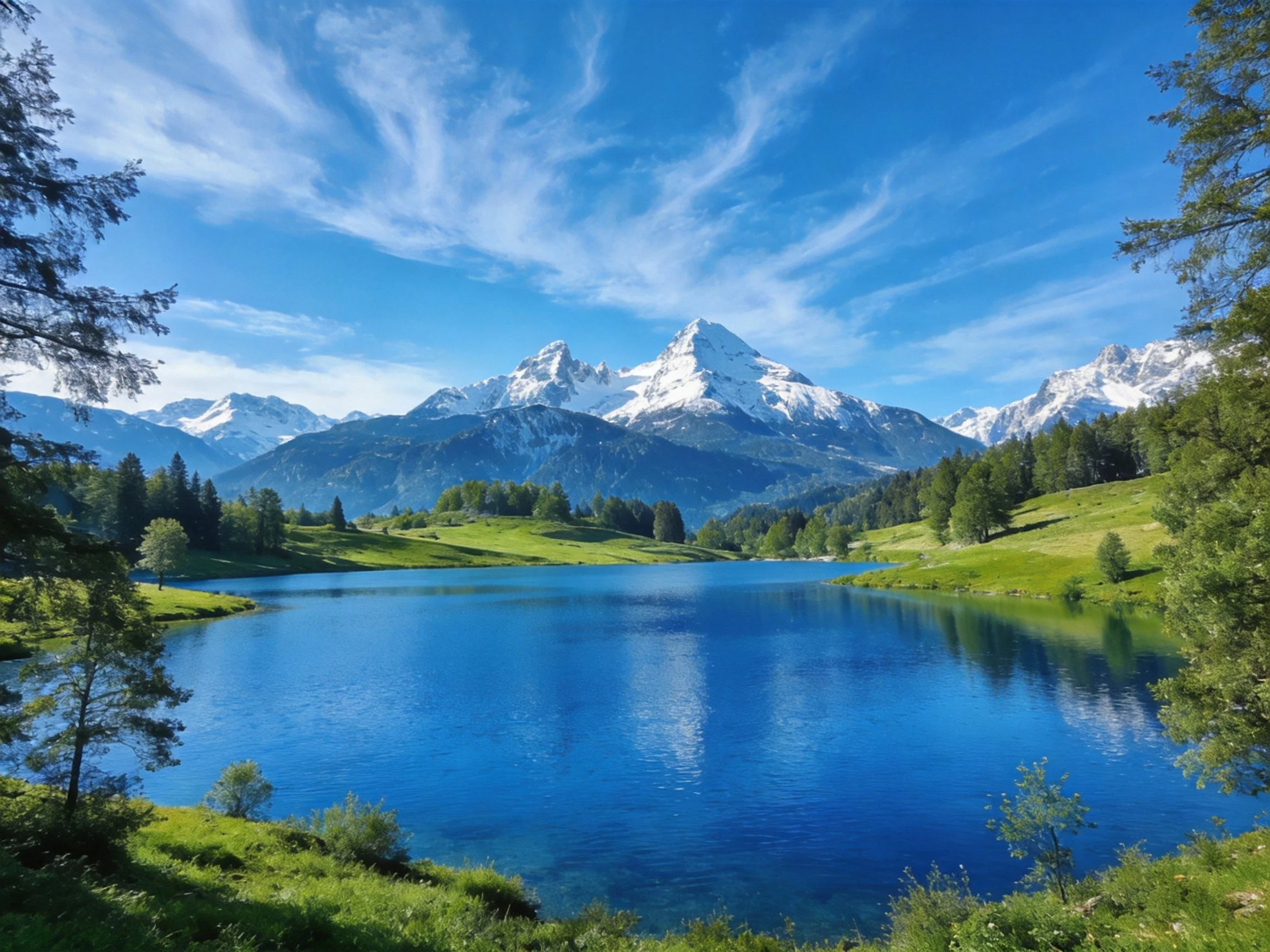 Snow-capped mountains overlook a serene blue lake with lush greenery
